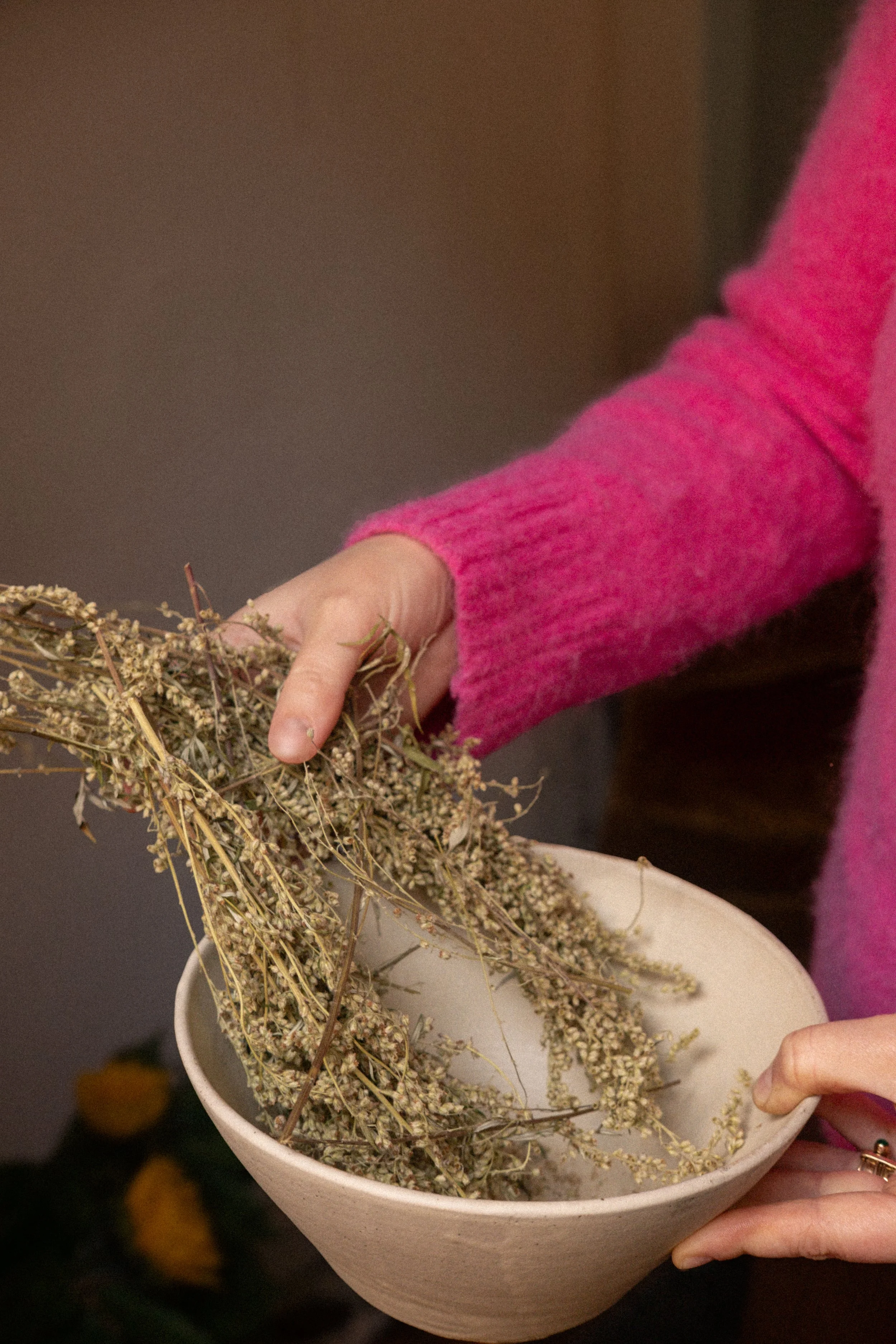 Une personne portant un pull rose tient un bouquet de plantes séchées au-dessus d'un bol blanc.