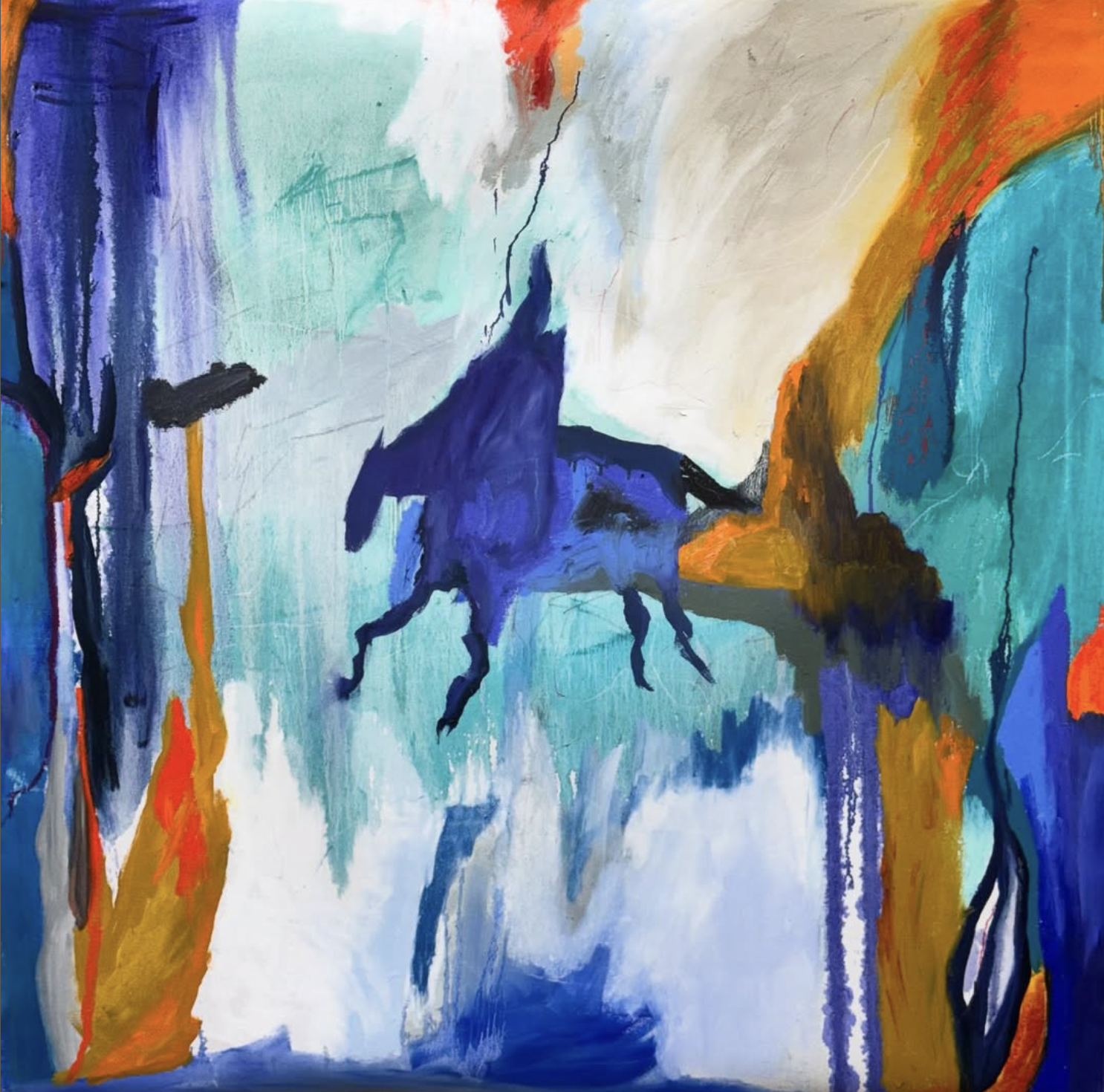 Dynamic abstract horse painting in oil on canvas with bold blue, orange, turquoise, and white tones. A striking contemporary artwork capturing movement, energy, and emotion.