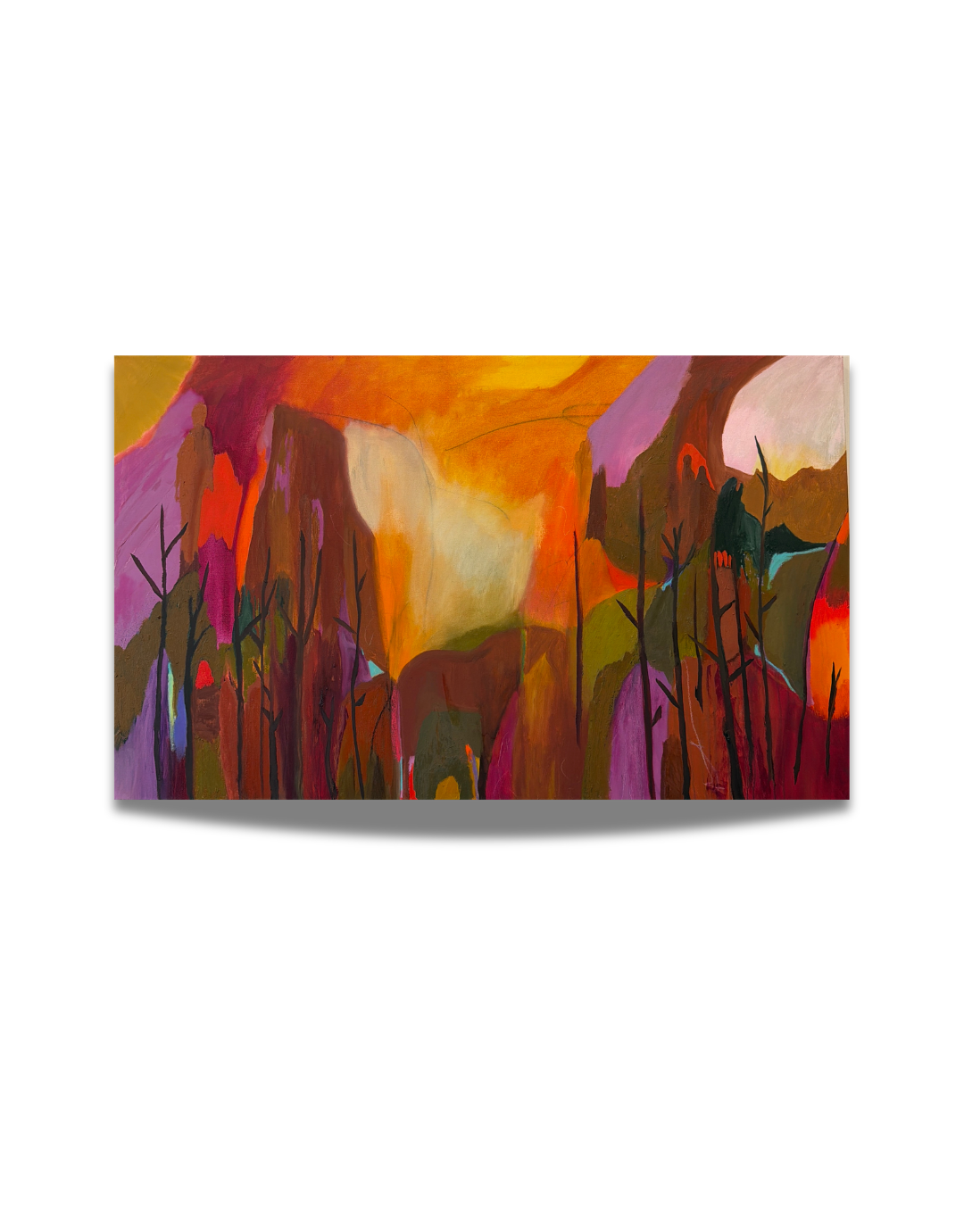 Atmospheric abstract landscape painting in oil on canvas featuring rich orange, plum, crimson, and olive tones with expressive vertical lines and a glowing sense of depth.