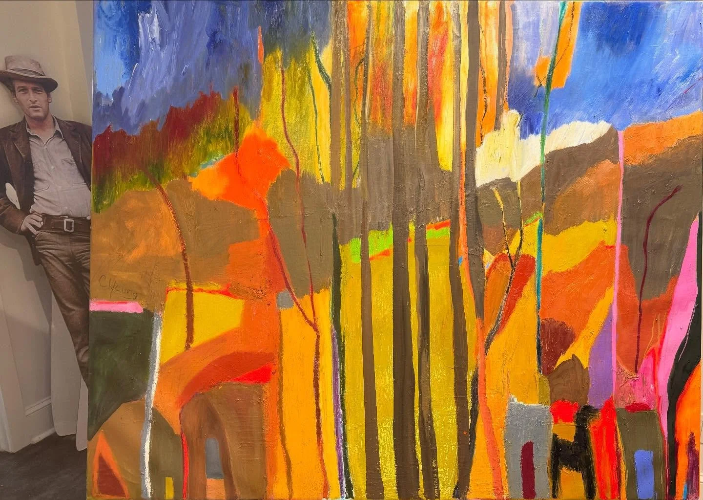 Butch taking a peek at the latest painting!😍 I think he recognizes that place. Fun in the studio! Very large painting. Message me with questions #oil #abstractlandscape #dream#color#trees#abstract #joy#shoplocal #