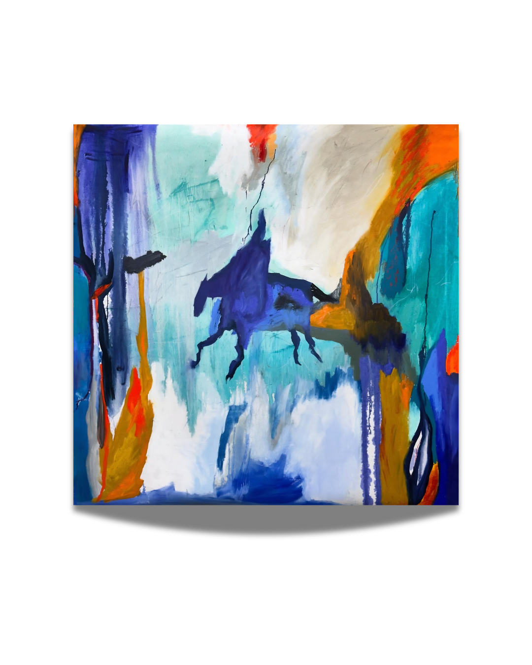 Dynamic abstract horse painting in oil on canvas with bold blue, orange, turquoise, and white tones. A striking contemporary artwork capturing movement, energy, and emotion.