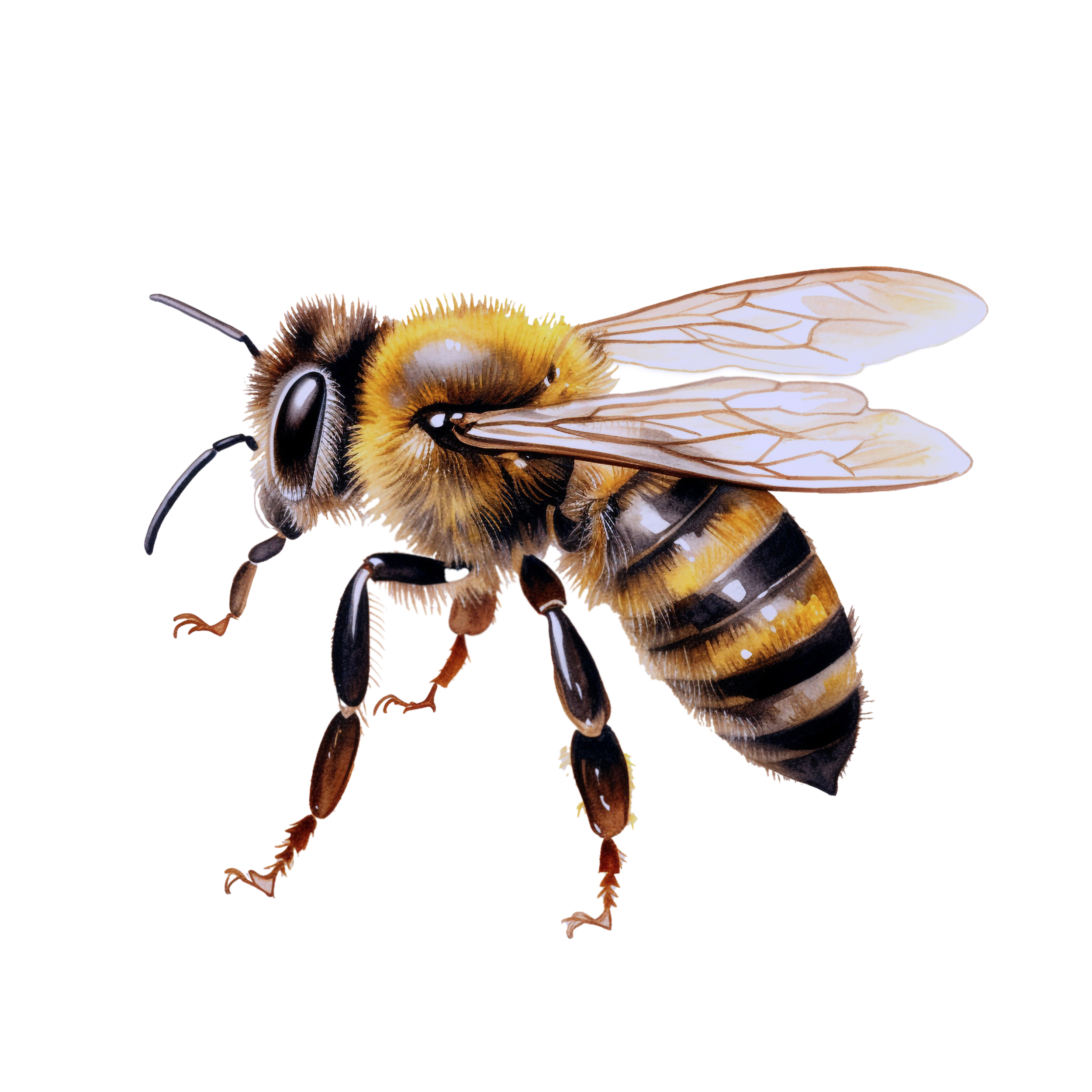 Close-up of a honey bee with detailed wings, black and yellow striped body, and large eyes.