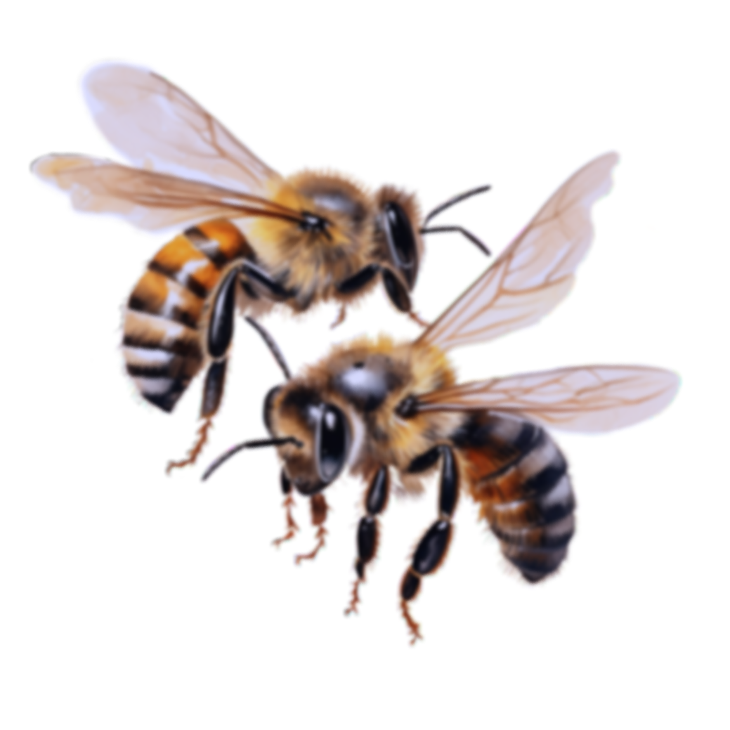 Close-up of two honeybees on a white background, showing detailed wings and furry bodies.