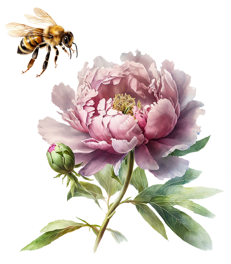 A pink peony flower with green leaves, a bee flying nearby, and a peony bud on the same stem.