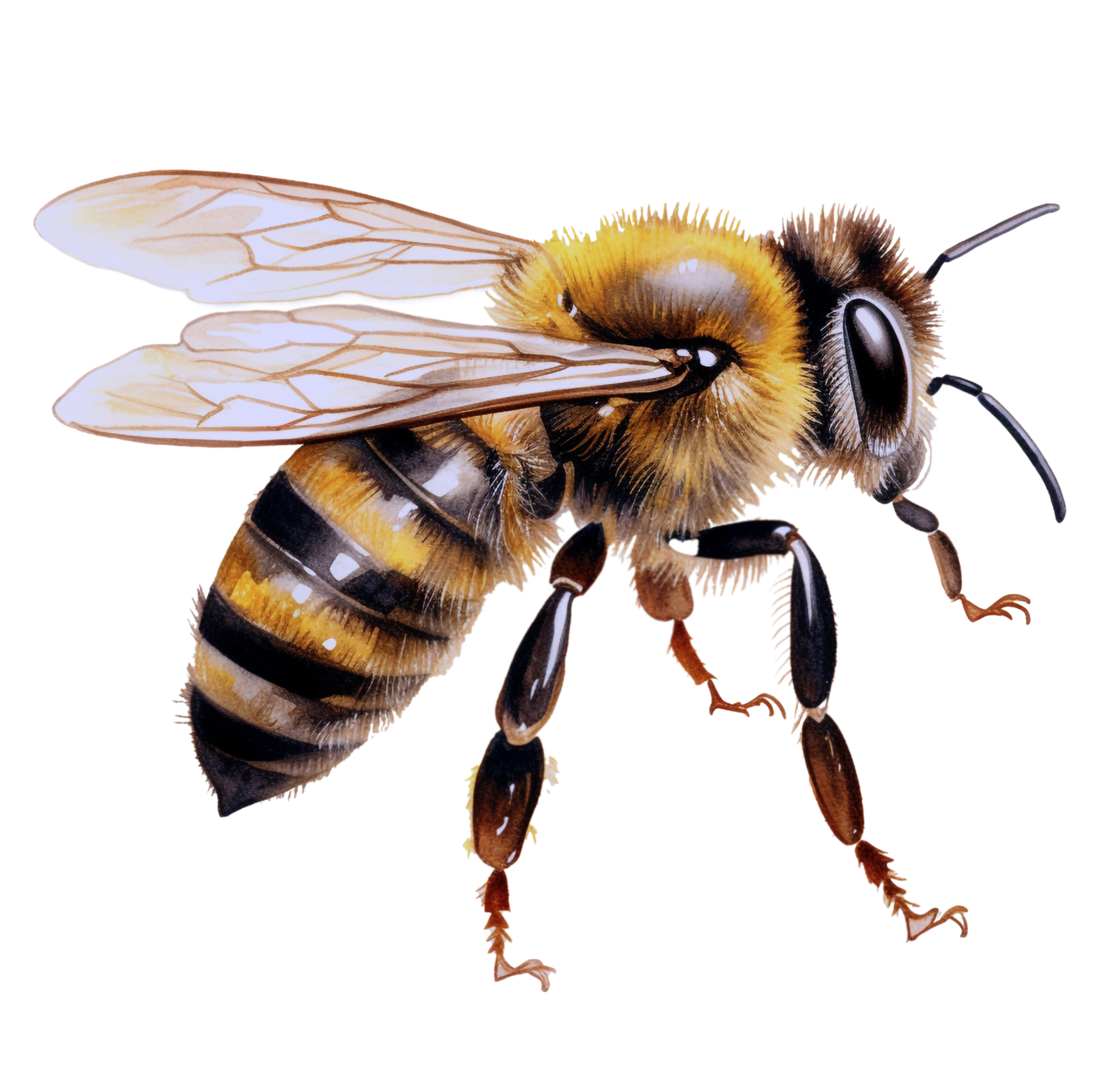 A detailed illustration of a honey bee, showcasing its wings, body, and antennae.