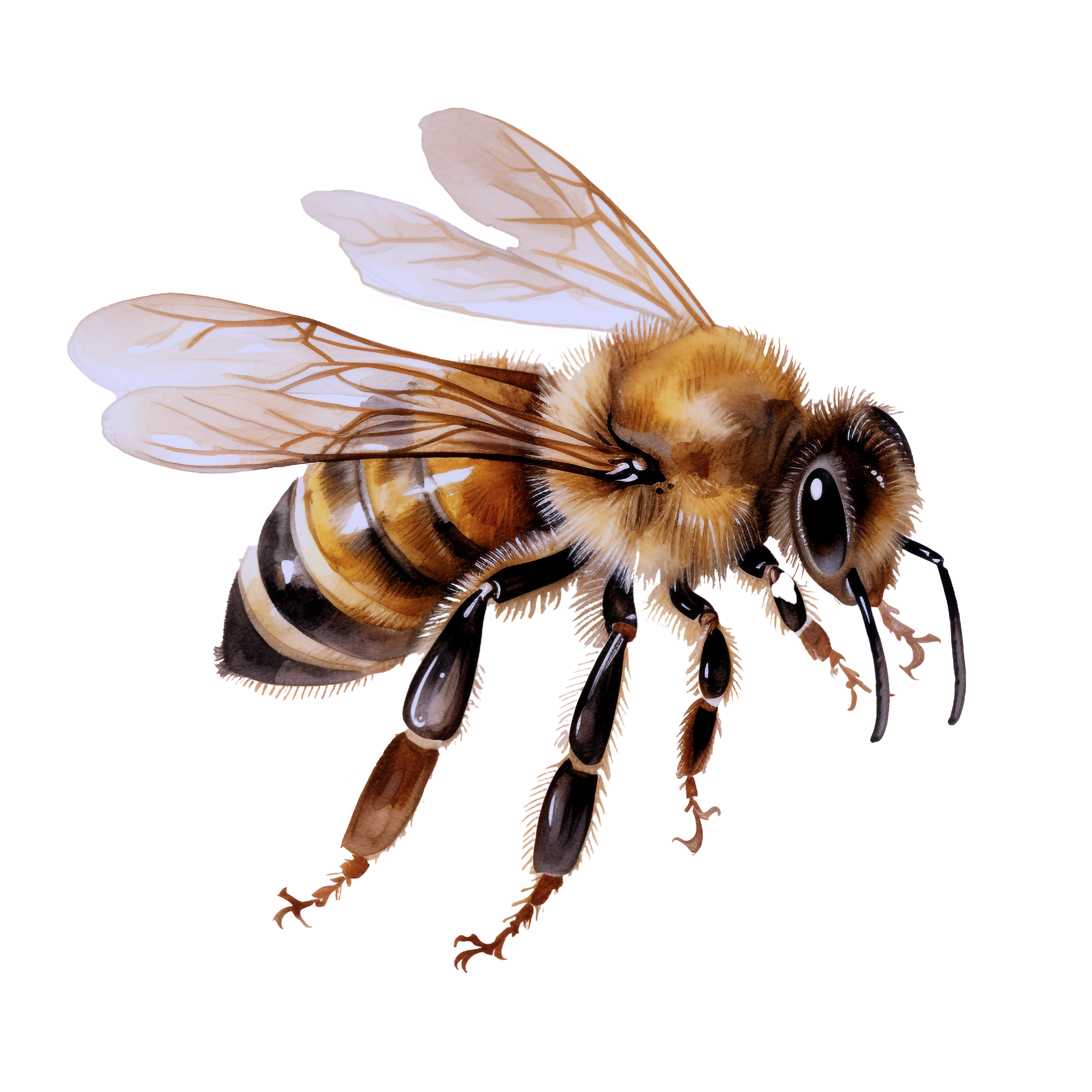 Close-up of a honey bee with detailed wings and fuzzy body.