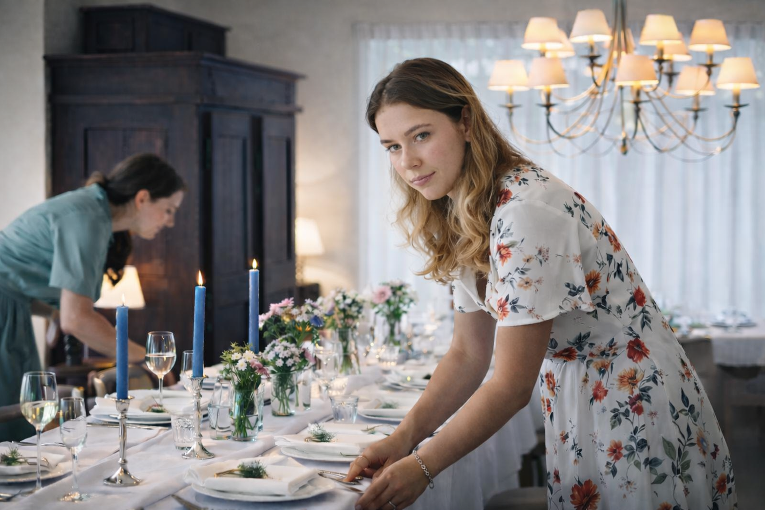 A woman in a floral dress setting a dinner table with flowers, candles, and glassware, with a chandelier hanging above and another person in the background preparing the table.