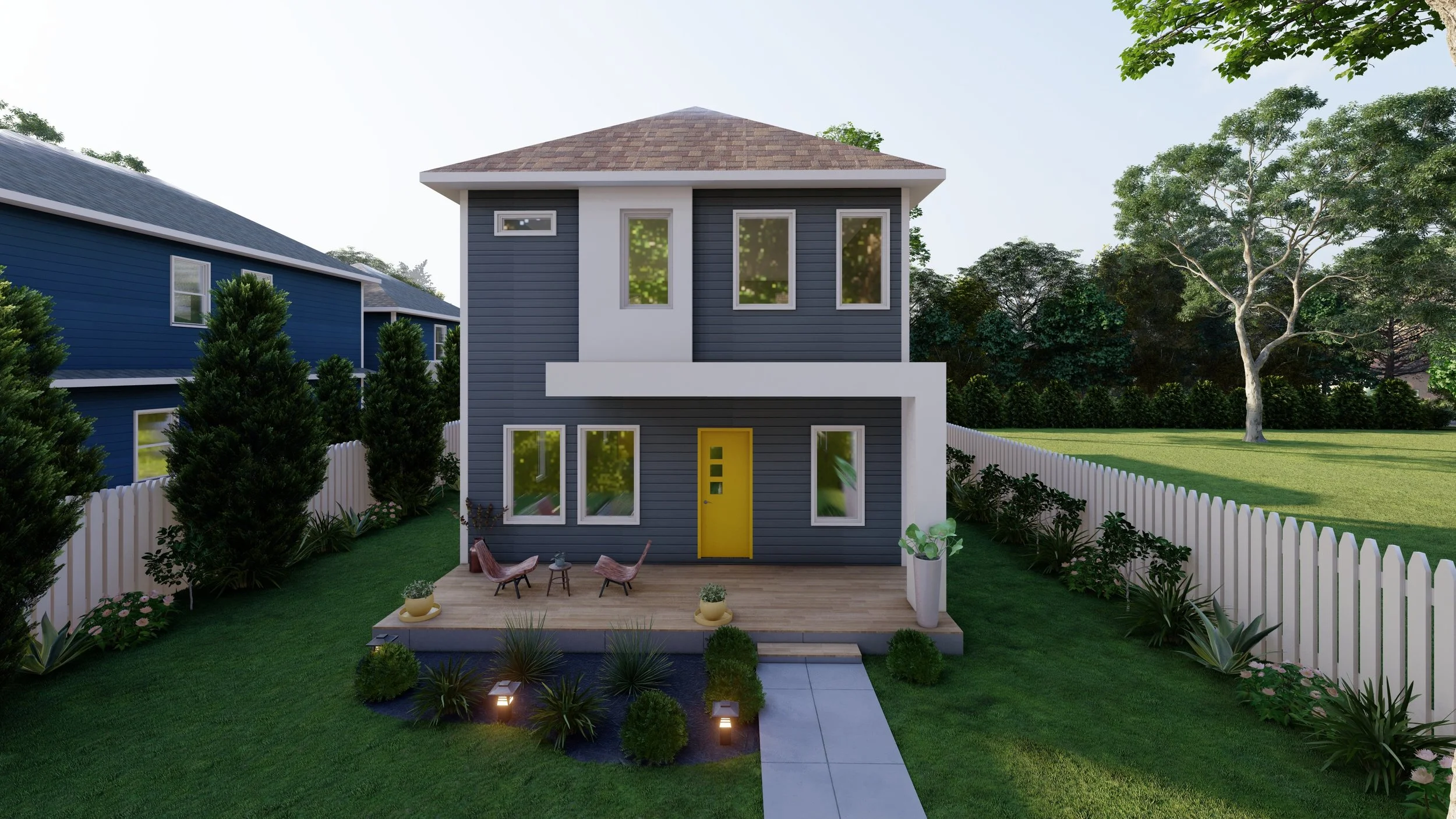 Modern two-story house with gray siding, white accents, and a yellow front door, surrounded by a well-maintained garden and a white fence.