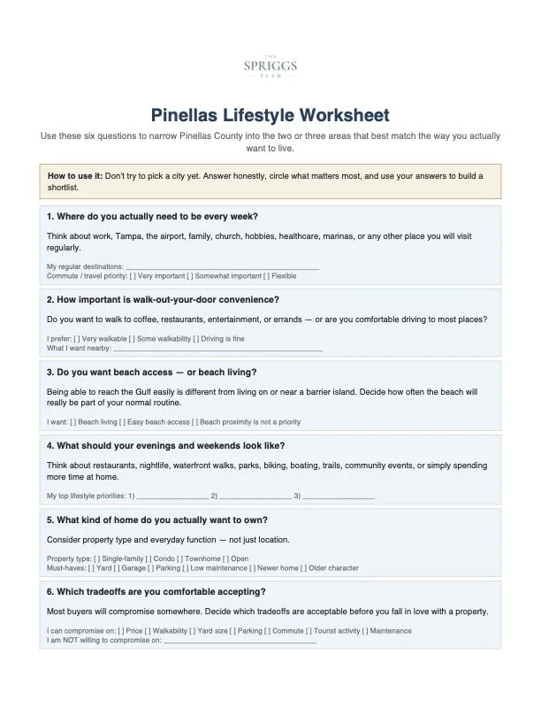 Pinellas County Lifestyle Worksheet with six questions about commute, beach access, walkability, housing and lifestyle priorities.