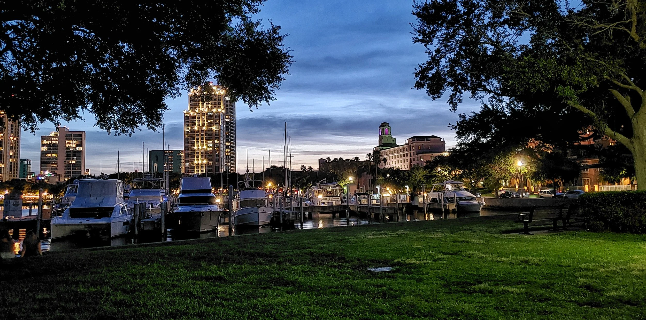 Downtown St. Petersburg waterfront and marina at dusk in Florida