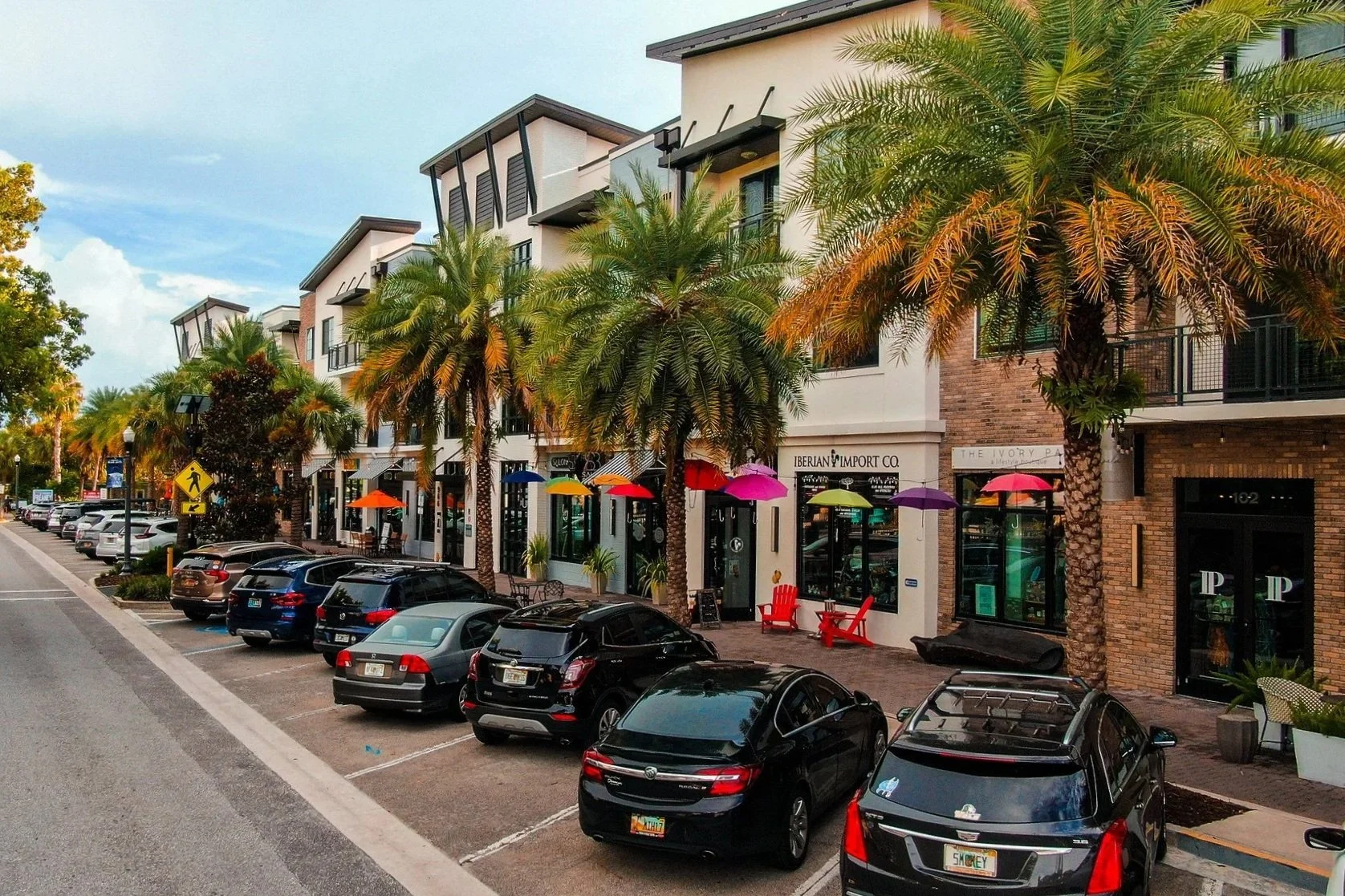Downtown Dunedin, Florida, with local shops, restaurants and palm-lined streets in Pinellas County.