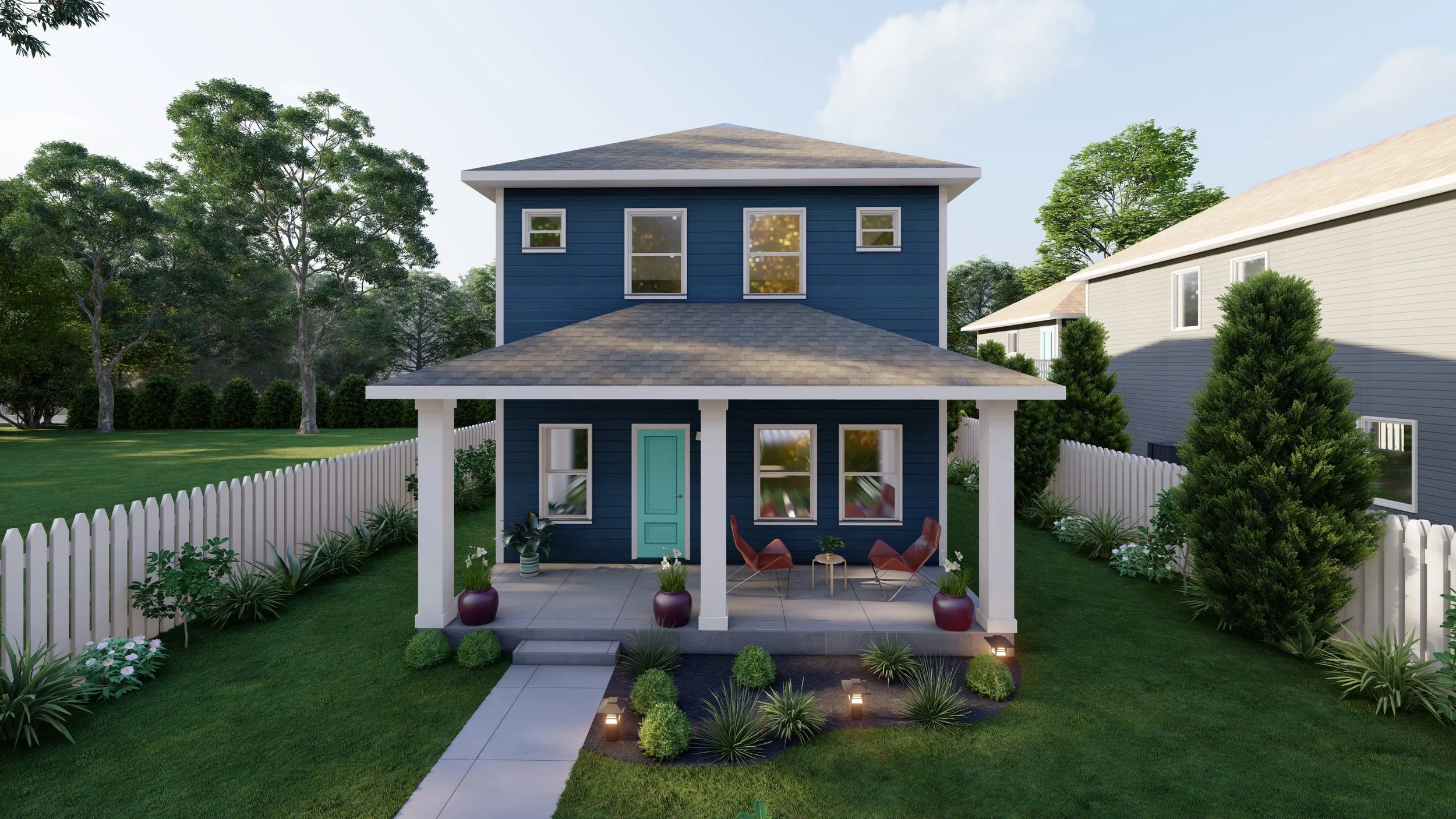 A two-story blue house with a front porch, surrounded by a white picket fence and landscaped garden with trees and shrubs.