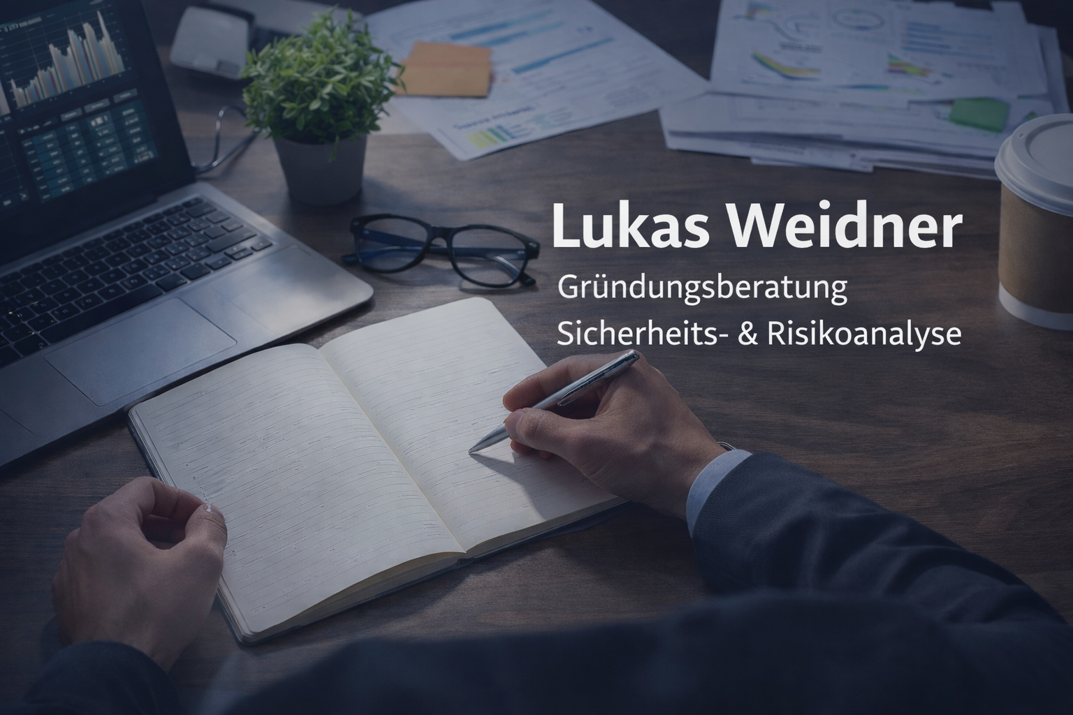Ein Schreibtisch mit Laptop, Notizbuch, Brille, Kaffeebecher, Papieren und einer Person, die notiert. Text über Geschäftsgründung, Sicherheits- und Risikoanalyse.