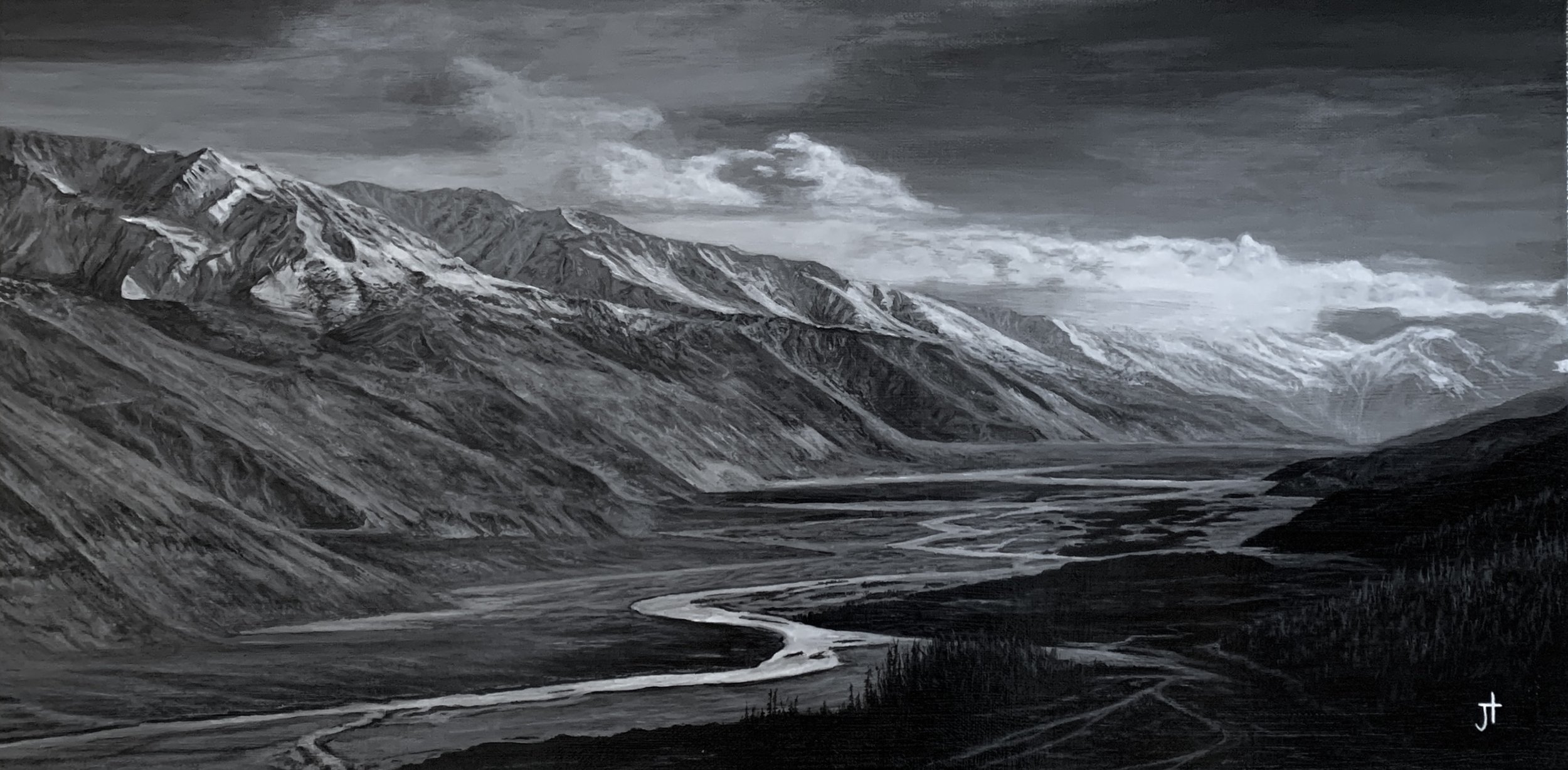 A black-and-white painting of a rugged mountain landscape with snow-capped peaks, a winding river in the valley, and cloudy skies.