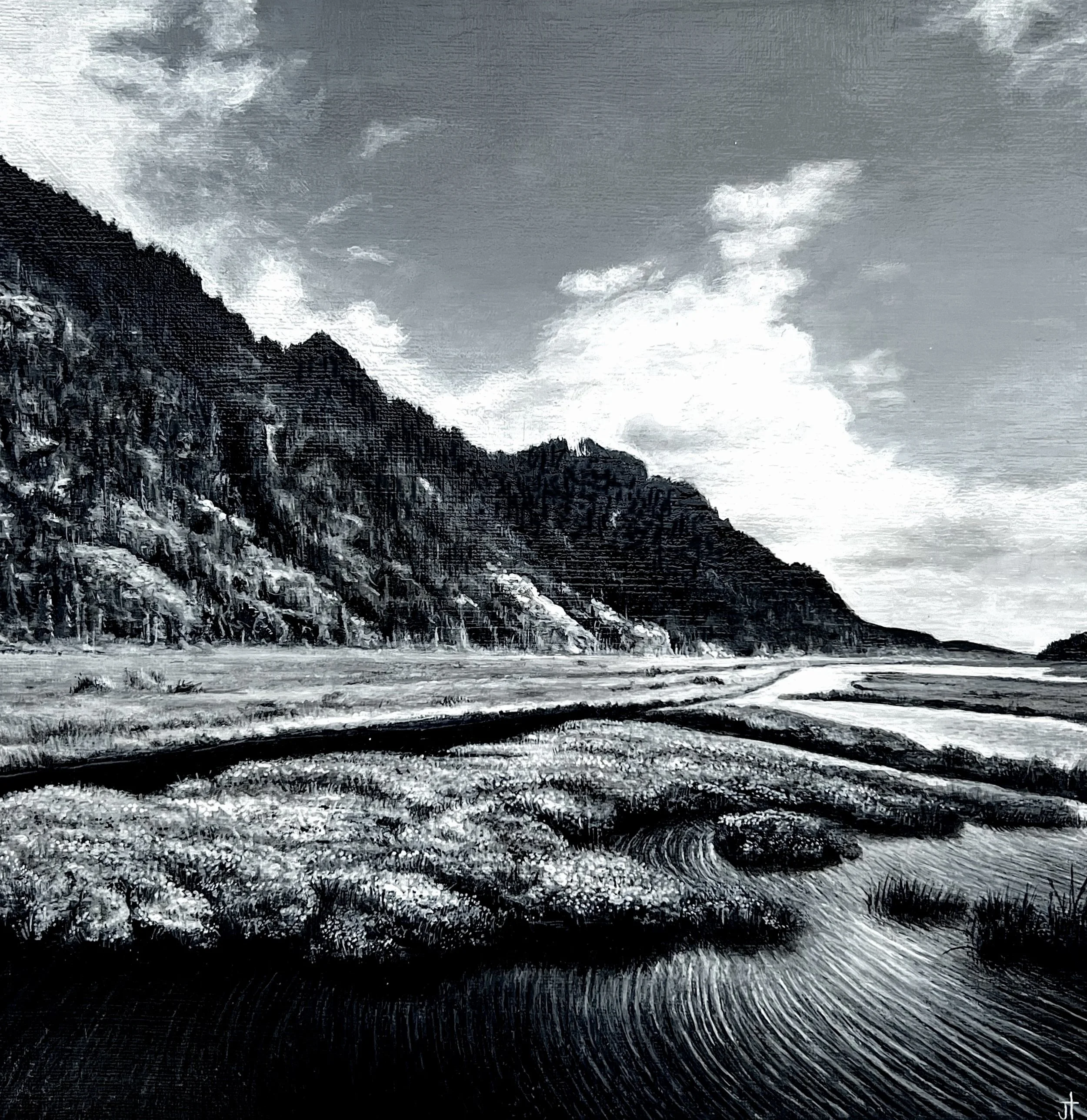 Black and white painting of a mountainous landscape with a river and grassy plains in the foreground and dramatic clouds in the sky.