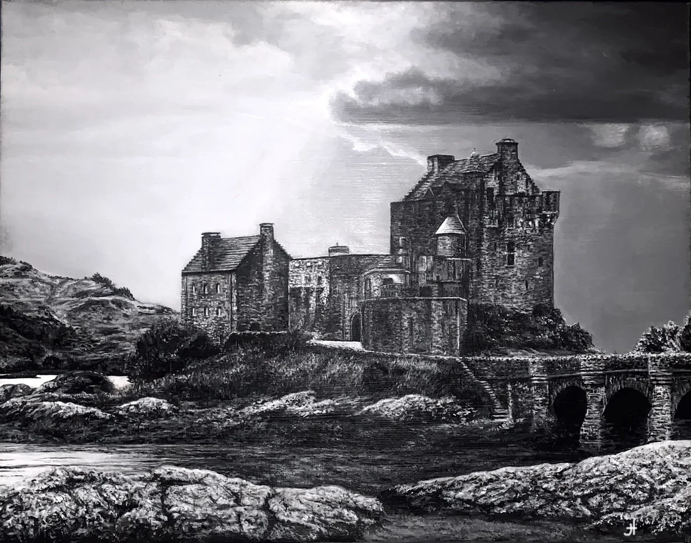 Black and white painting of a medieval castle on a hill, with stone bridge over water in foreground, cloudy sky overhead.