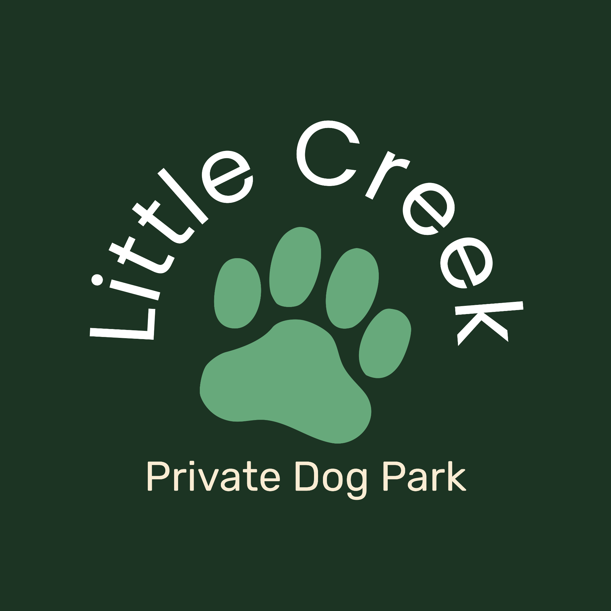 Sign for a private dog park with a green paw print logo and the text 'Private Dog Park'