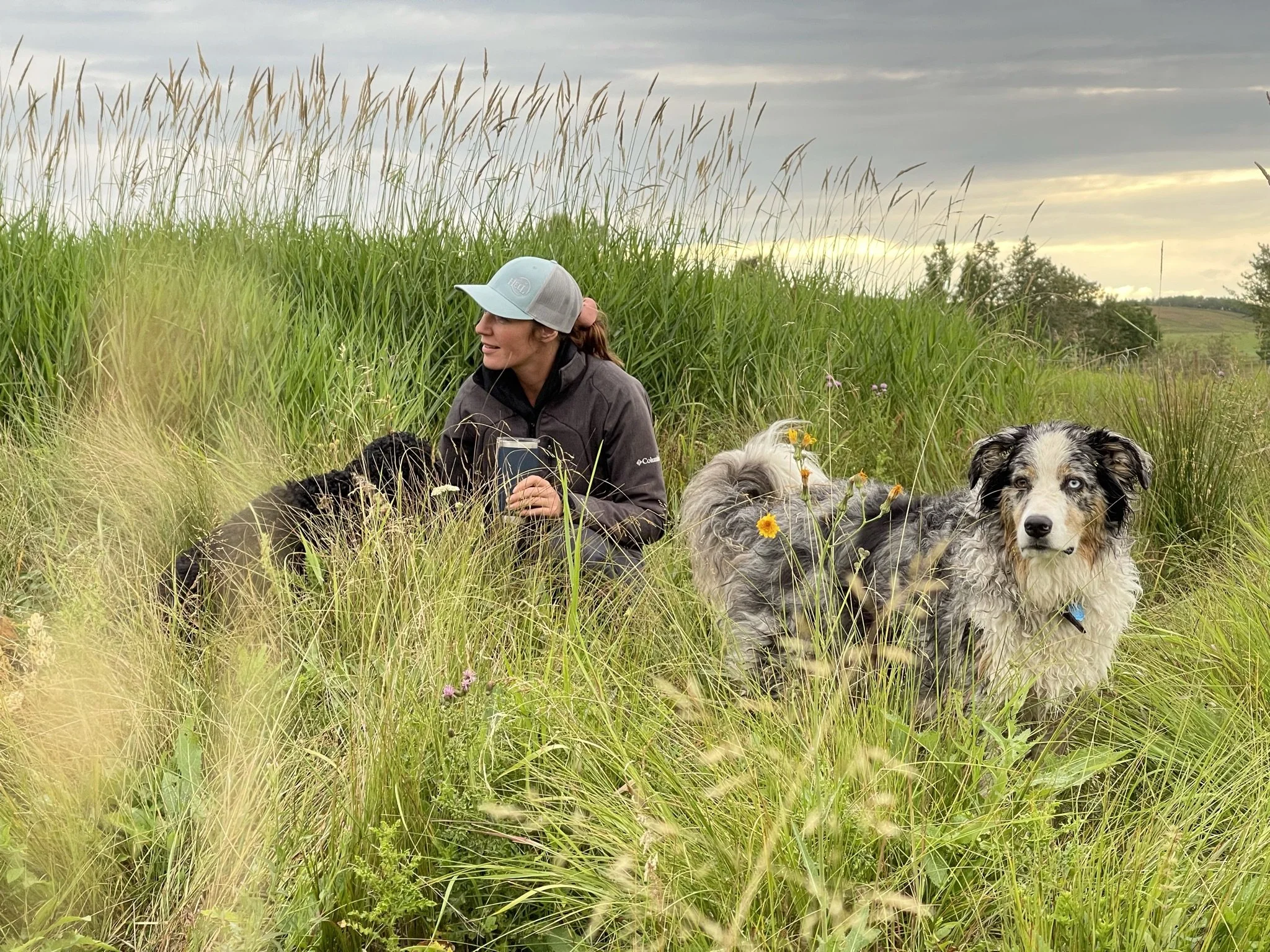 A woman with a grey baseball cap and a dark jacket sitting in tall grass with two dogs, one black and white and the other with a merle coat, amid a green field with a cloudy sky in the background.
