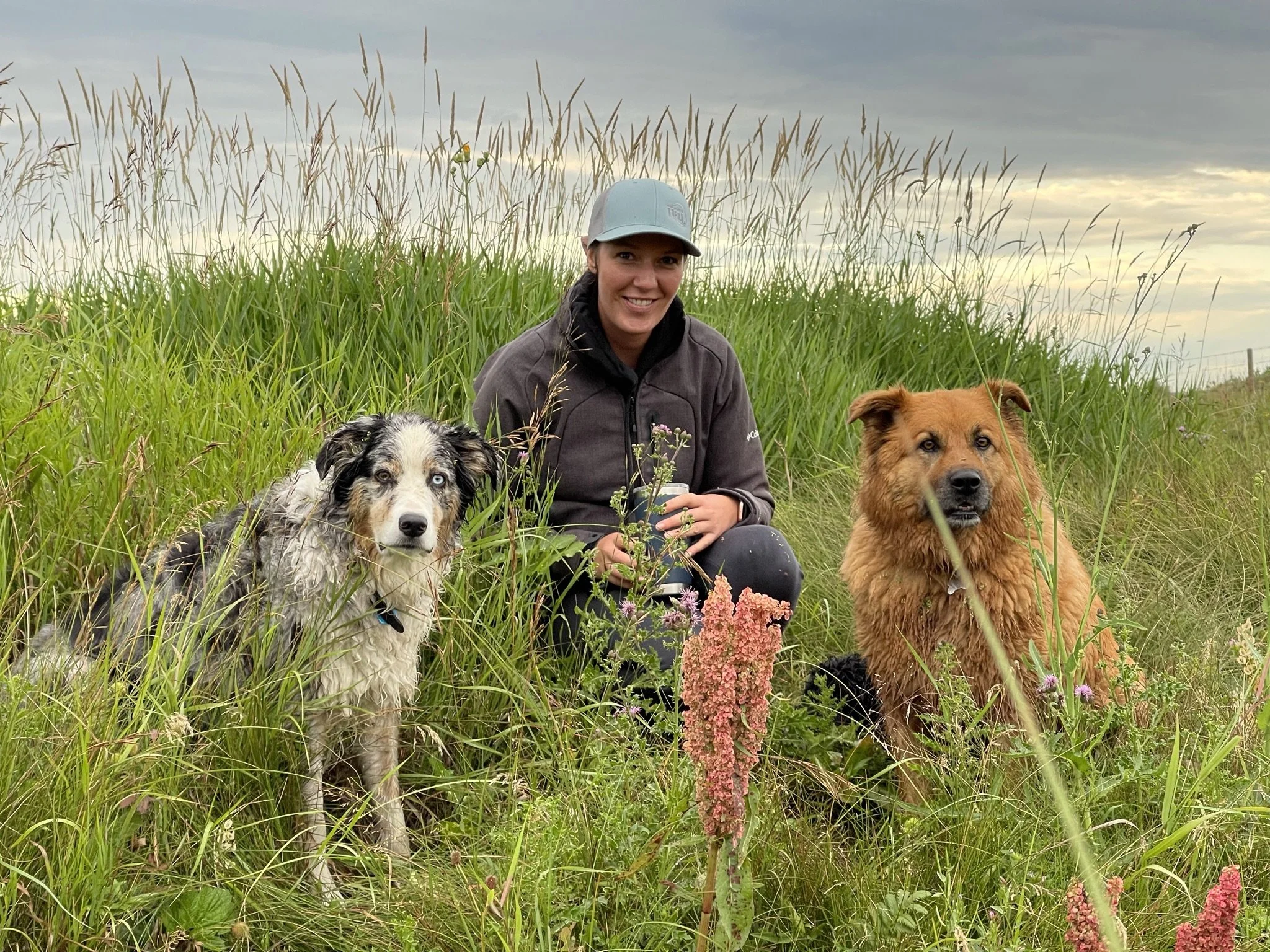 A woman wearing a gray cap and a dark jacket, sitting in a field of tall green grass and wildflowers with two dogs, one with merle coloring and one with a golden coat, under a cloudy sky.