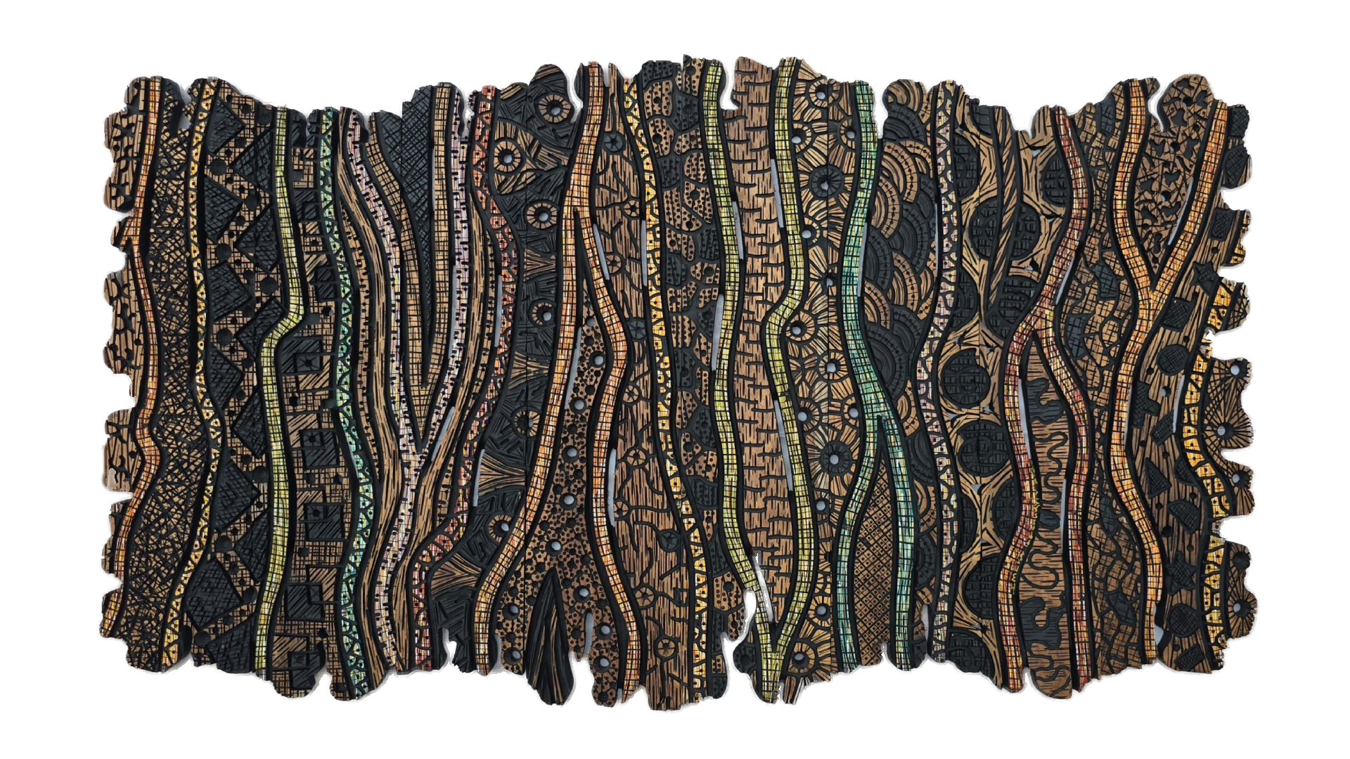 Precepts Upon Precepts: Acrylic on carved and engraved African teak wood (203 x 116 cm)