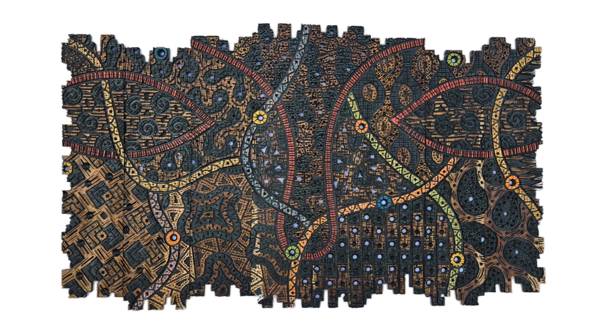 Musing: Acrylic on carved and engraved African teak wood (198 x 116 cm)