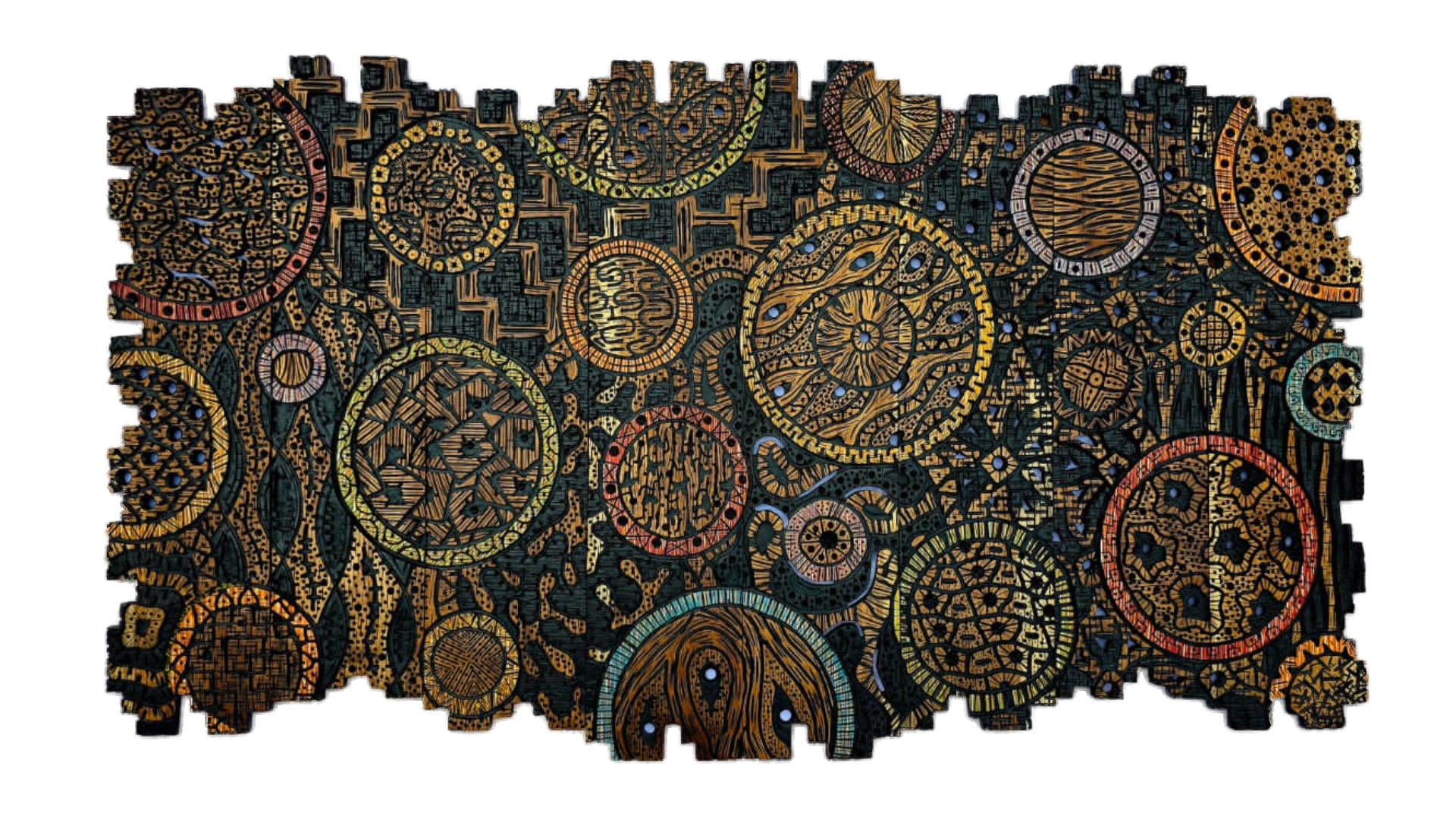 [SOLD] Majestic Works: Acrylic on carved and engraved African teak wood (203 x 116 cm)