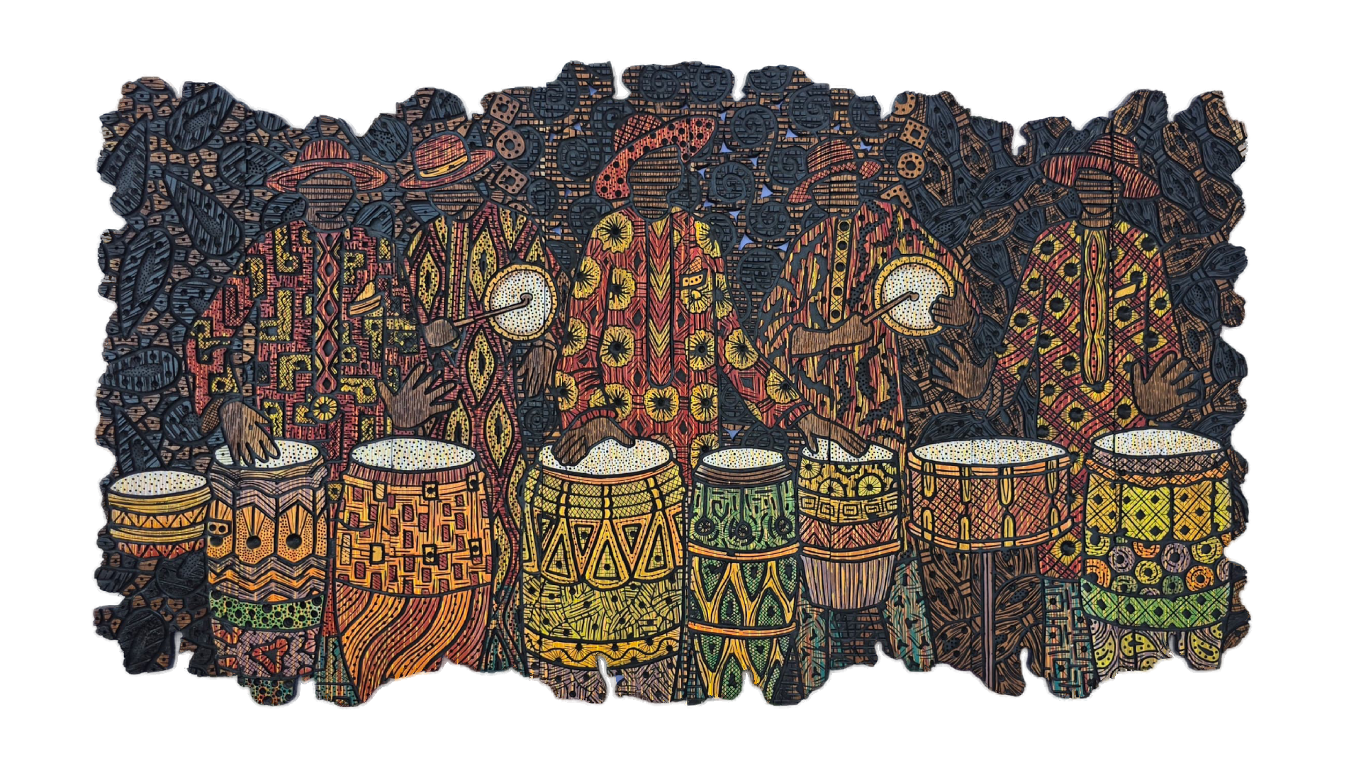 Merry Men: Acrylic on carved and engraved African teak wood (198 x 116 cm)