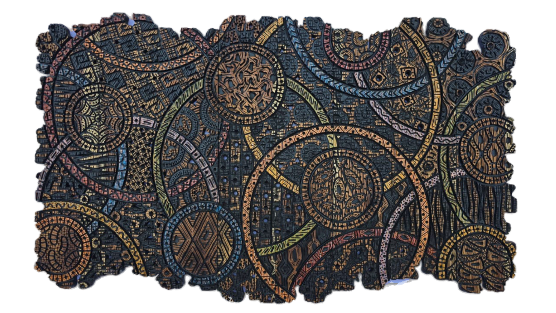 Majestic Works II: Acrylic on carved and engraved African teak wood (203 x 116 cm)