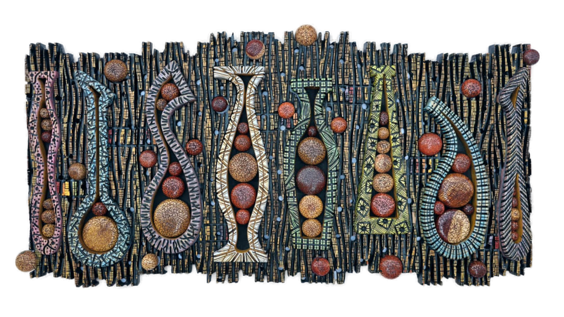 [SOLD] Jars: Acrylic on carved and engraved African teak wood (180 x 90 cm)