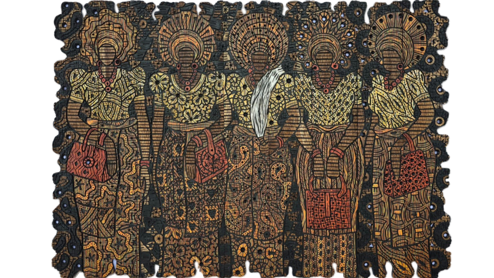 [SOLD] Joyous Appearance: Acrylic on carved African teak wood (222 x 152 cm)