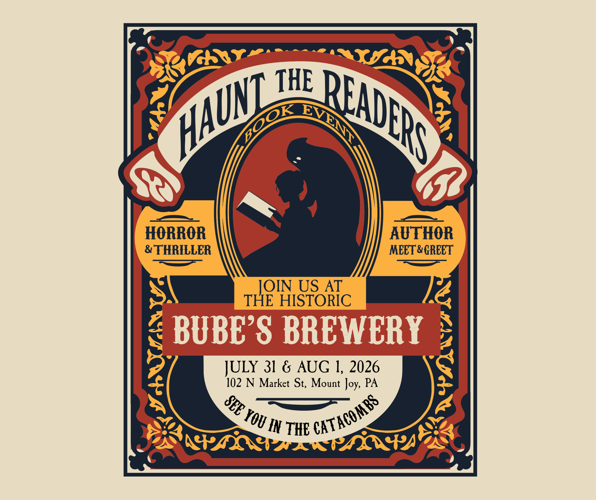 Event poster for "Haunt the Readers," a book event featuring horror and thriller genres, author meet and greet, at Bupe's Brewery, July 31 and August 1, 2026, located at 102 N Market St, Mount Joy, PA, with a tagline "See you in the Catacombs."