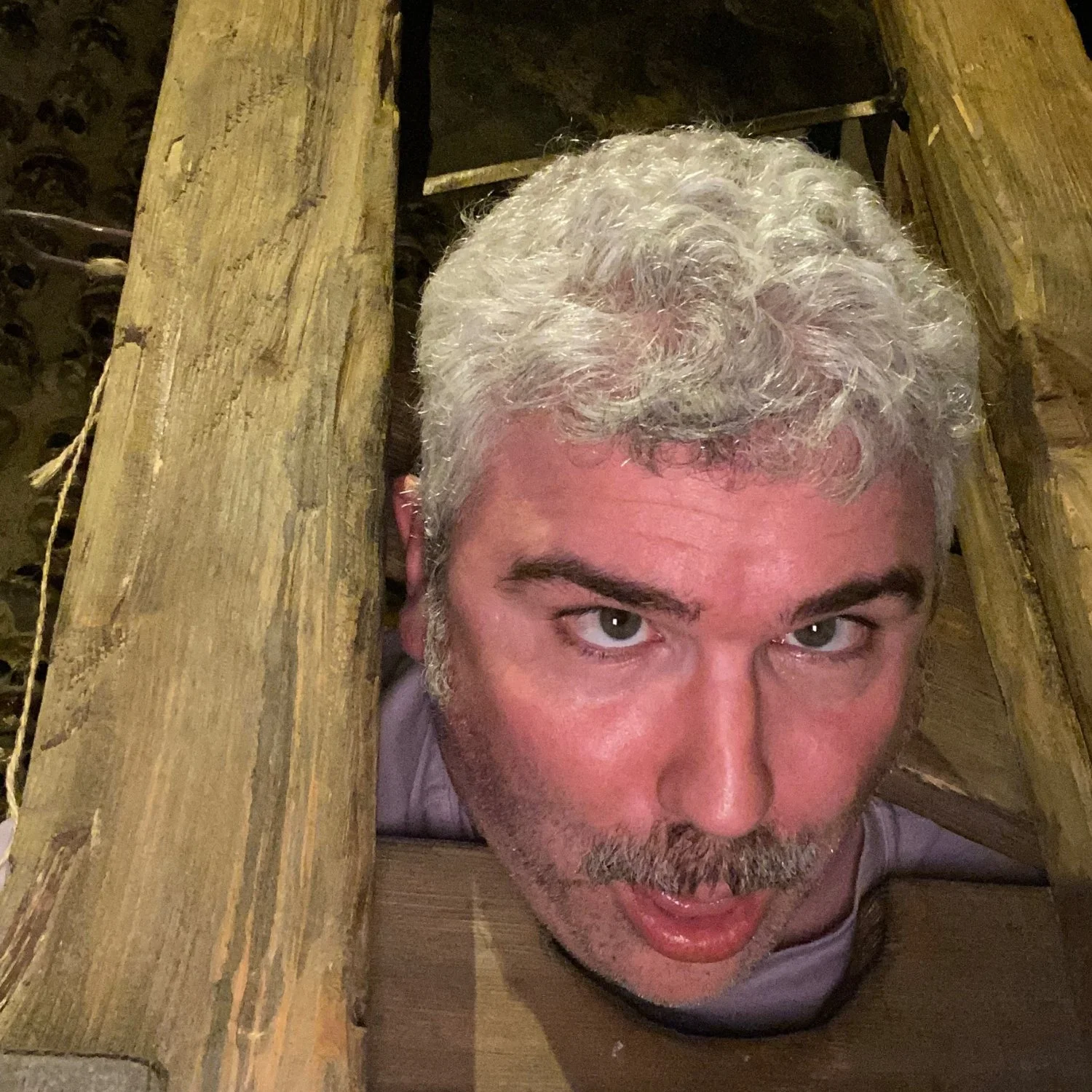 A man with curly white hair and a beard looking upward from inside a wooden structure.