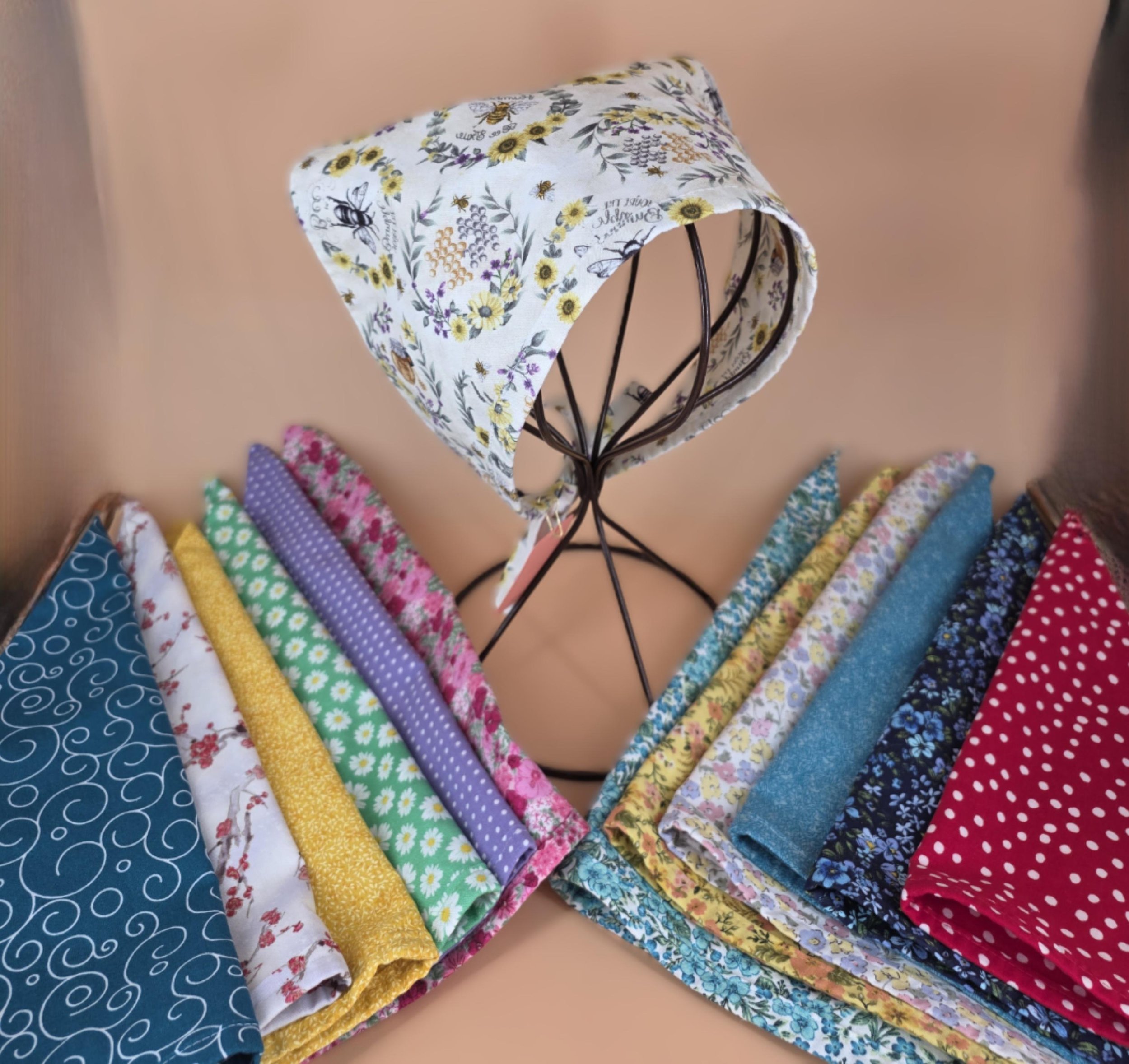 Cottage core headscarf, handmade, in a variety of delightful fabric prints.