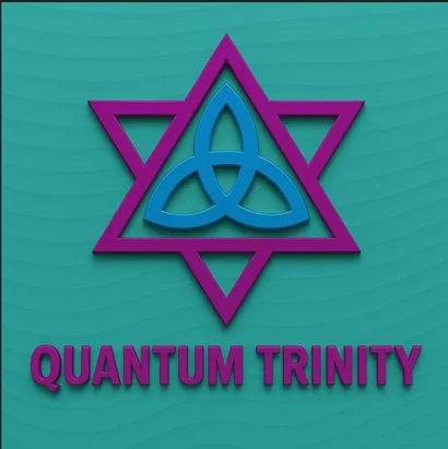 Logo with a purple star and a blue triquetra symbol in the center, with the text "QUANTUM TRINITY" below.