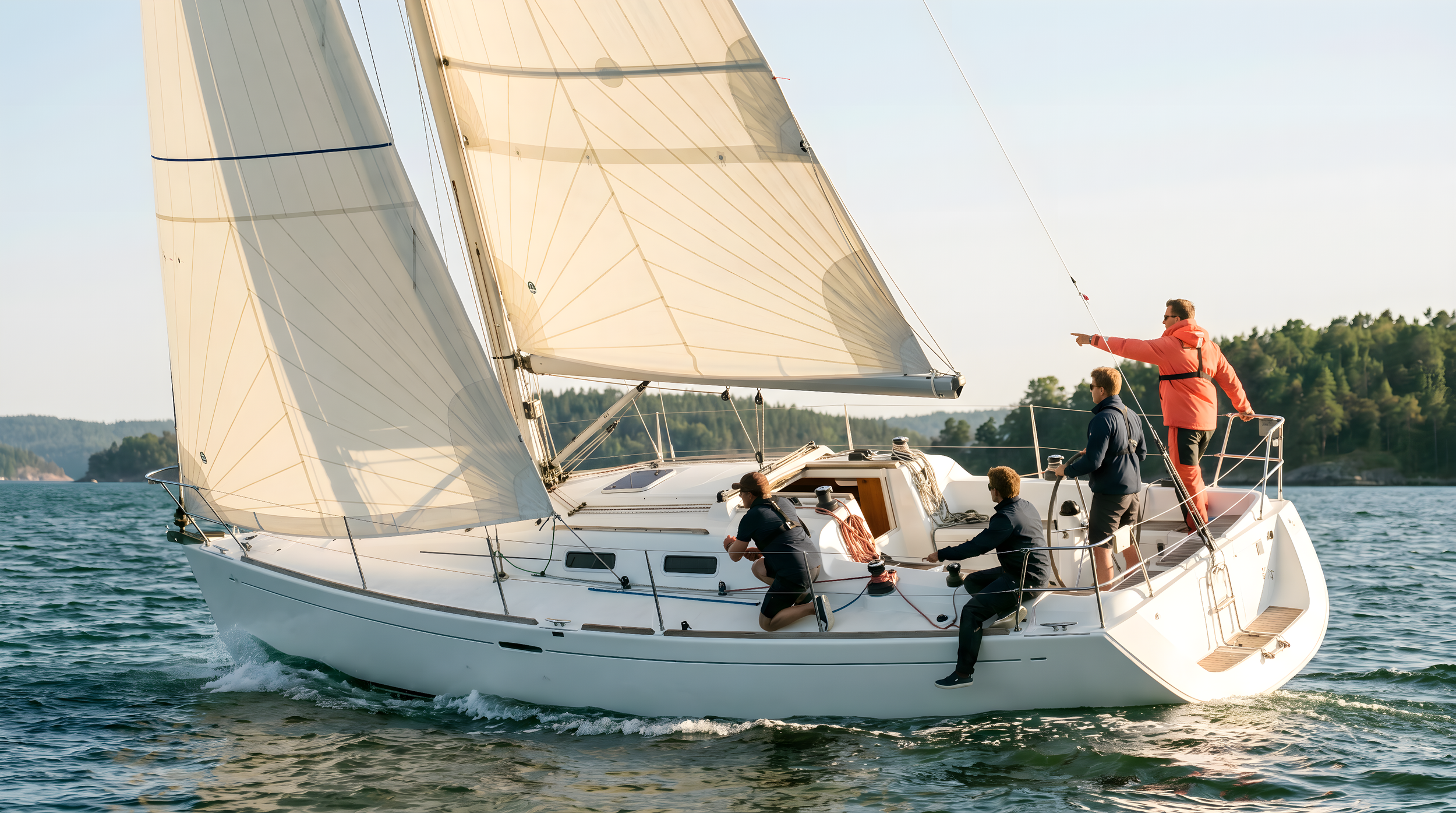 A white sailboat with multiple sails sailing on a body of water, with five people on board - three sitting and two standing, one of whom is pointing, wearing weather-appropriate clothing including jackets, with a background of trees and a clear sky.