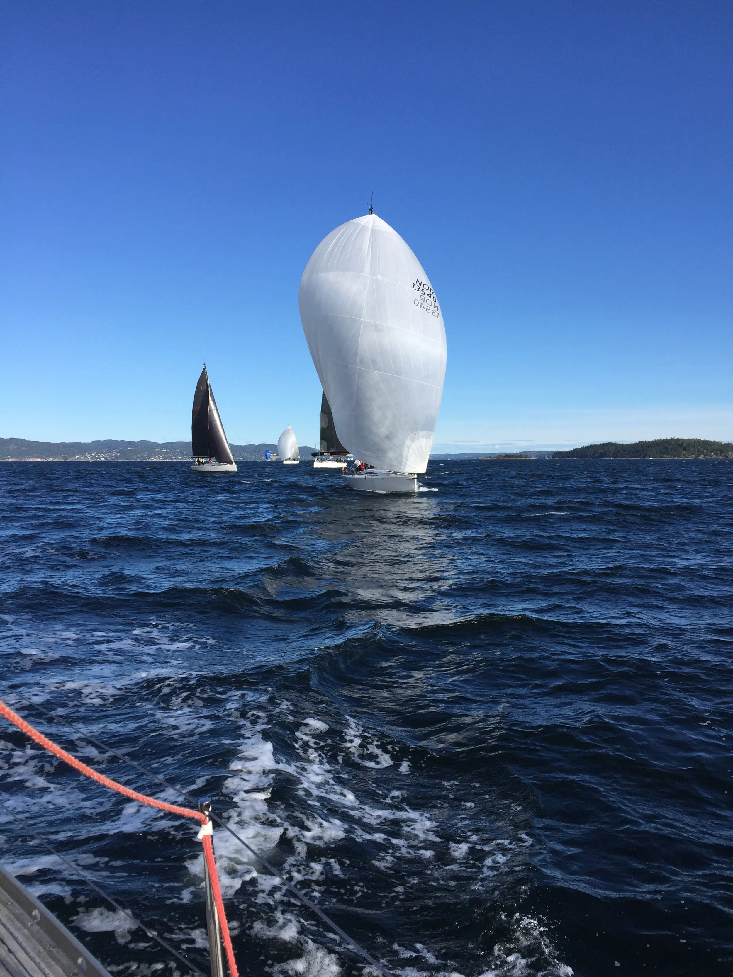 Sailing boats on open water with a clear blue sky and distant land in the background.