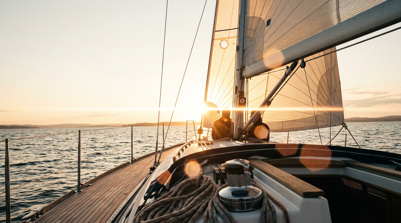 View from a sailboat at sunset with the sails up, overlooking the water and distant land on the horizon.