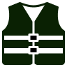 Close-up of a green life jacket with black straps.
