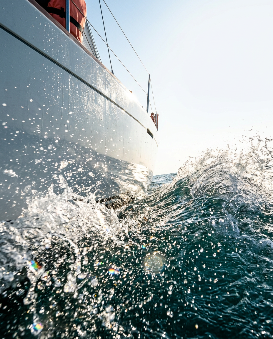Close-up of a sailboat's hull cutting through the water, with splashes and sunlight reflecting on the water surface.