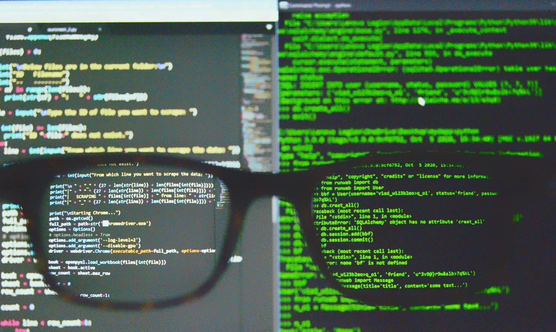 Two computer screens displaying programming code and terminal output, viewed through each lens of a pair of glasses