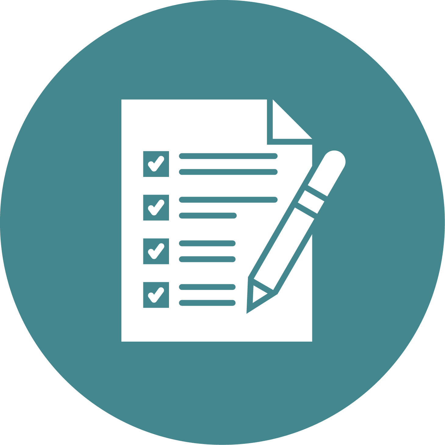 Icon of a checklist with four items checked and a pencil, all within a circular background.