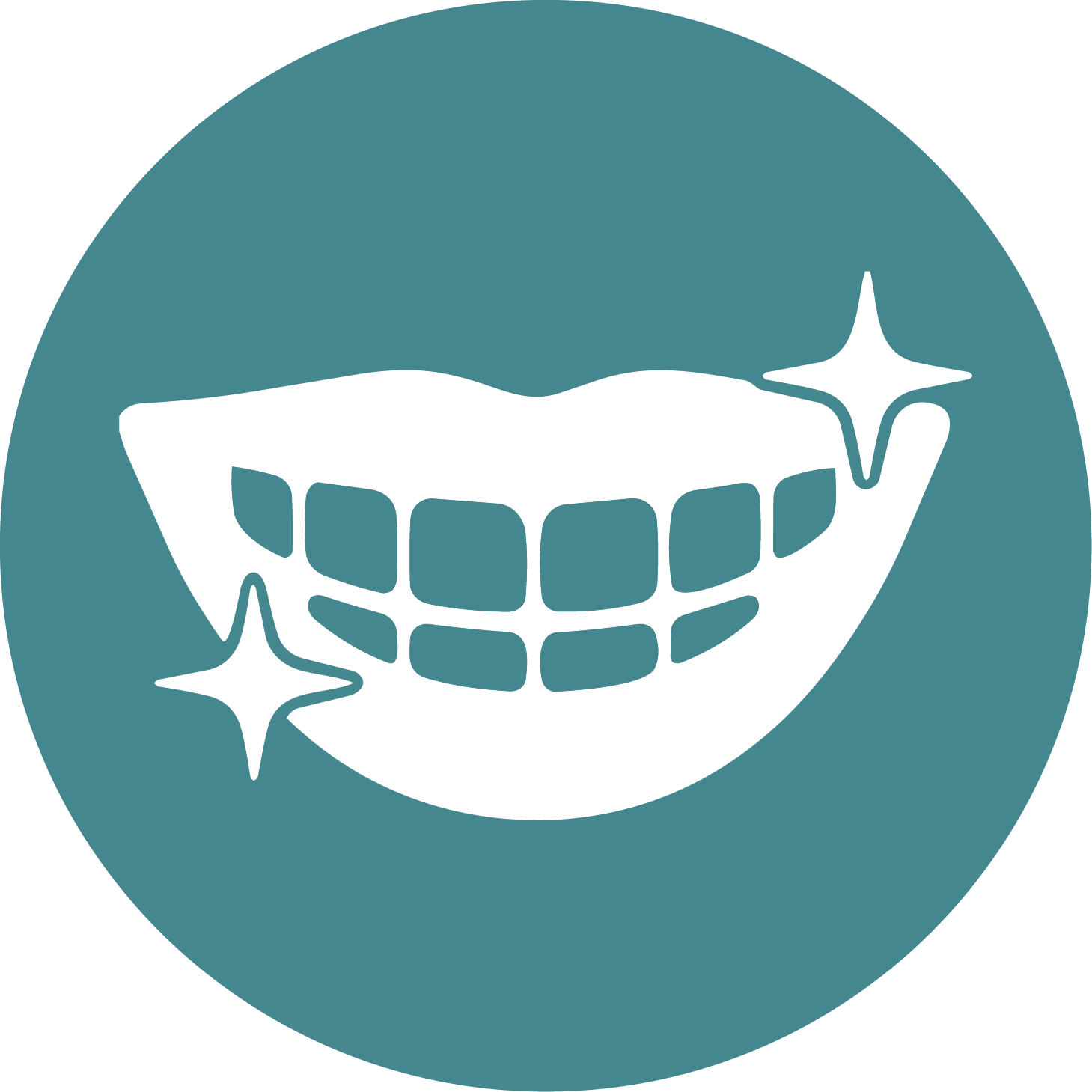 Icon of a smiling mouth with clean, shiny teeth and starbursts to indicate whitening or cleanliness.