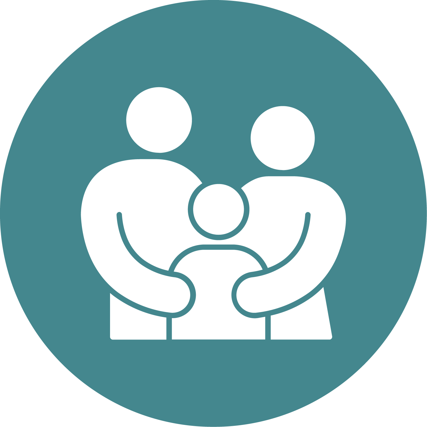 Icon of three simplified human figures, two adults and one child, embracing in a circle.