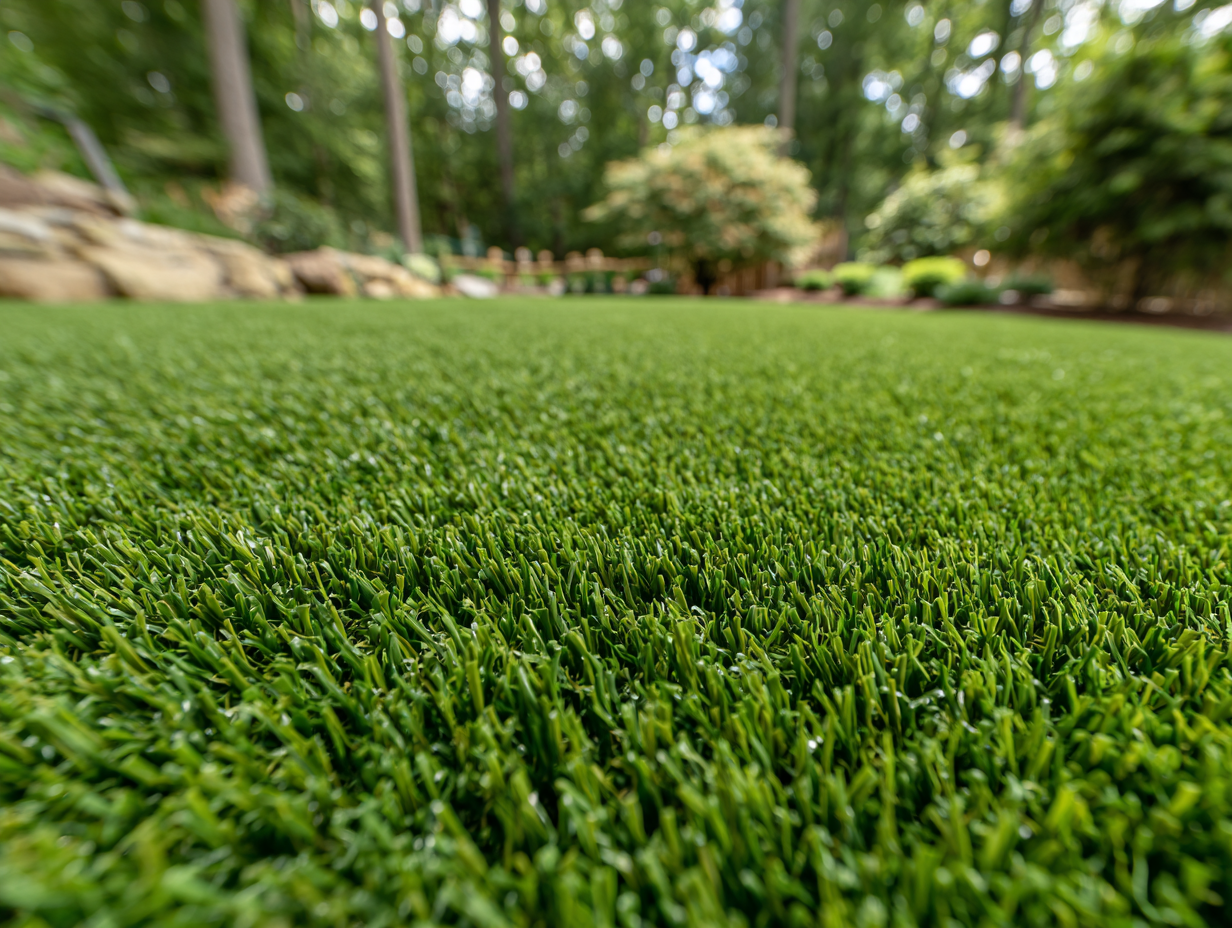 Close-up of artificial grass with a backyard garden and trees in the background