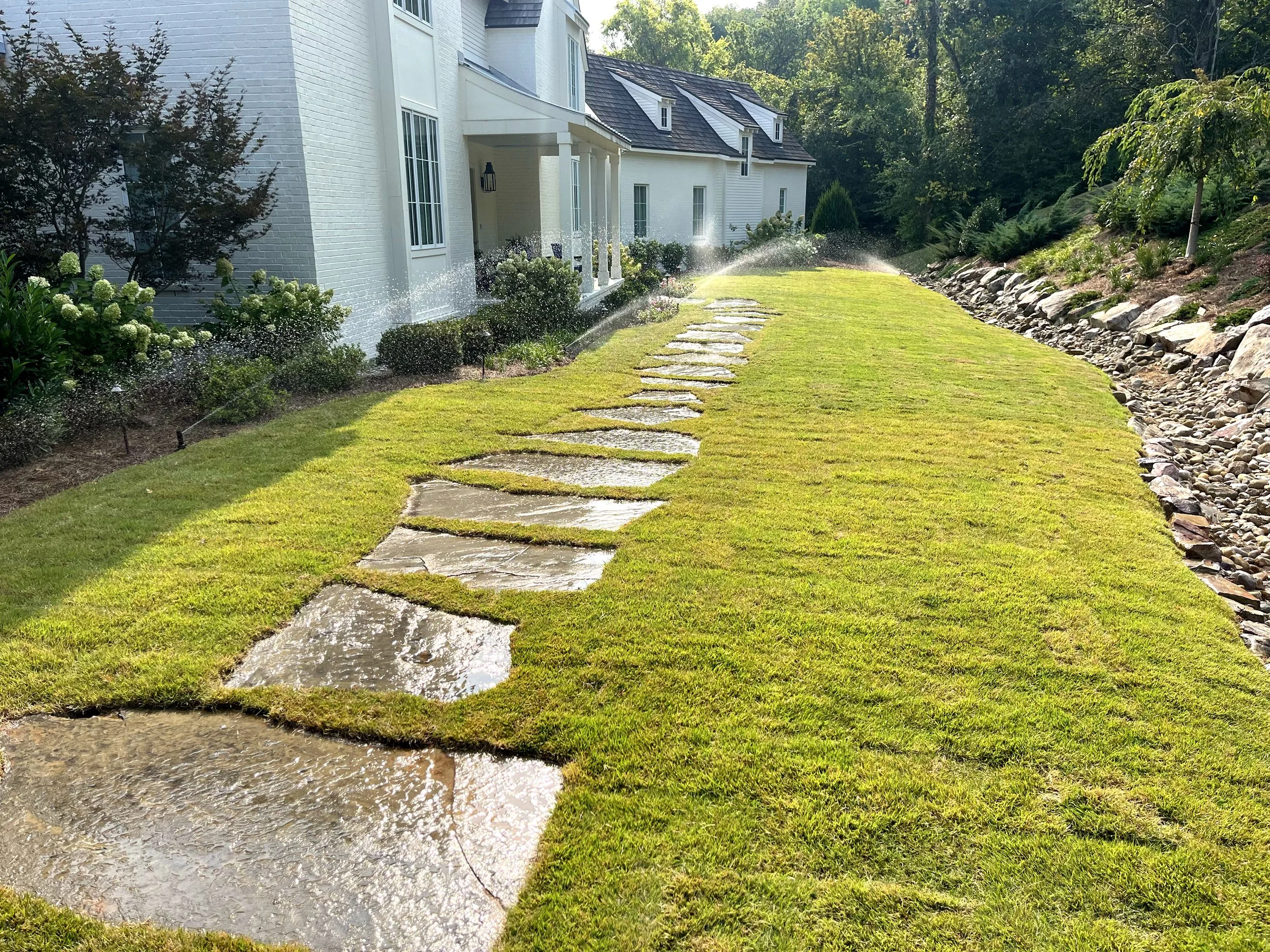 A backyard with a white house, a green lawn with a stone pathway, and garden bed with shrubs and flowers. Water is being sprinkled over the grass from multiple sprinkler heads, creating arcs of water.