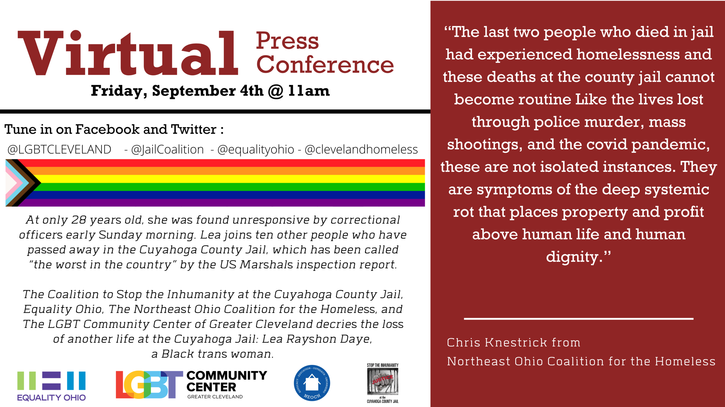  FOR IMMEDIATE RELEASE: Cuyahoga County Jail's Most Recent Death Was a Black Trans Woman. Join Local Advocacy Organizations for a Virtual Press Conference Friday 9/4 to Remember Lea Rayshon Daye