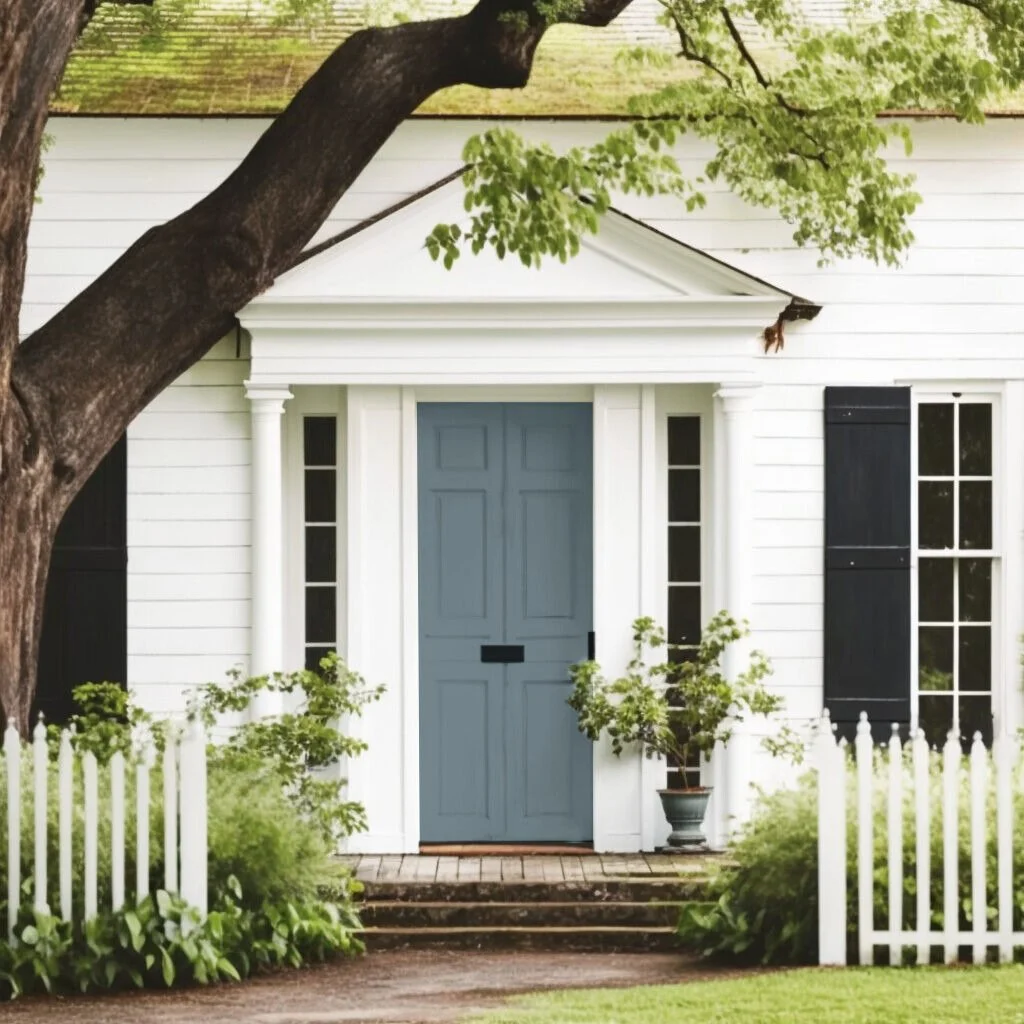 White house with black shutters, a blue front door, and a gabled porch supported by white columns, surrounded by greenery and a white picket fence.