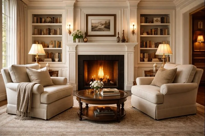 Living room with two beige armchairs, a fireplace with a fire, bookshelf on each side, and a round wooden coffee table with flowers and books.