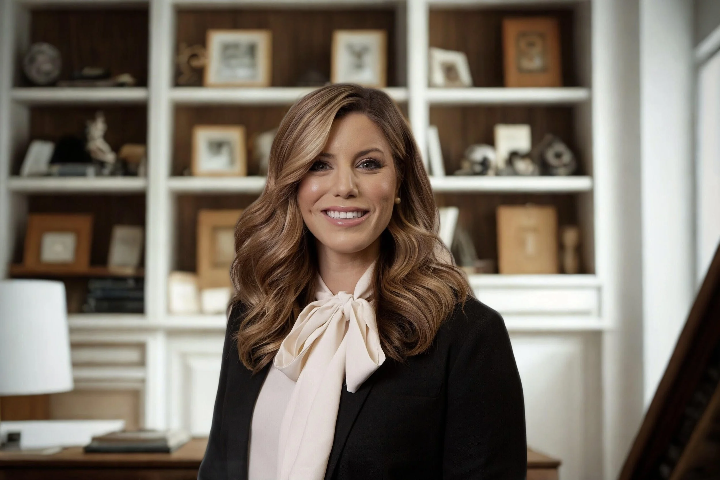 A woman with long wavy brown hair smiling, wearing a black blazer and a cream-colored blouse with a large bow tie, in an office or study with wooden shelves filled with picture frames and decorative objects in the background.