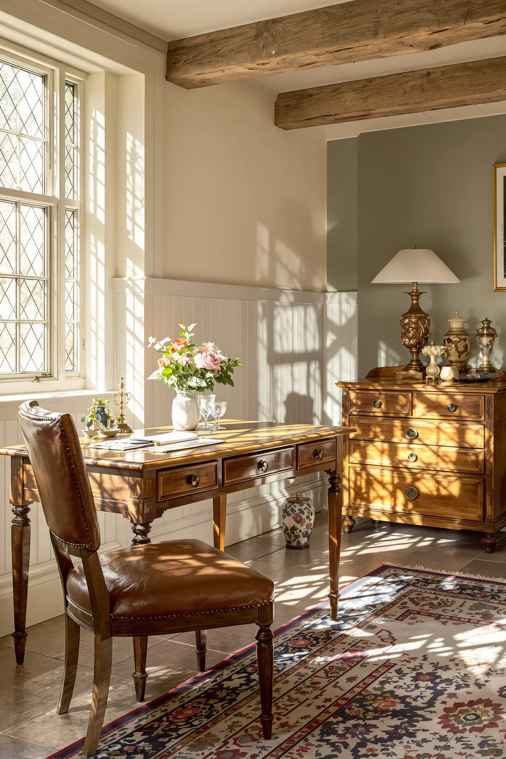 Sunlit room with a wooden table and leather chair, decorated with a vase of flowers, on a patterned rug, with a wooden dresser holding a lamp and decorative items, and a window casting shadows.